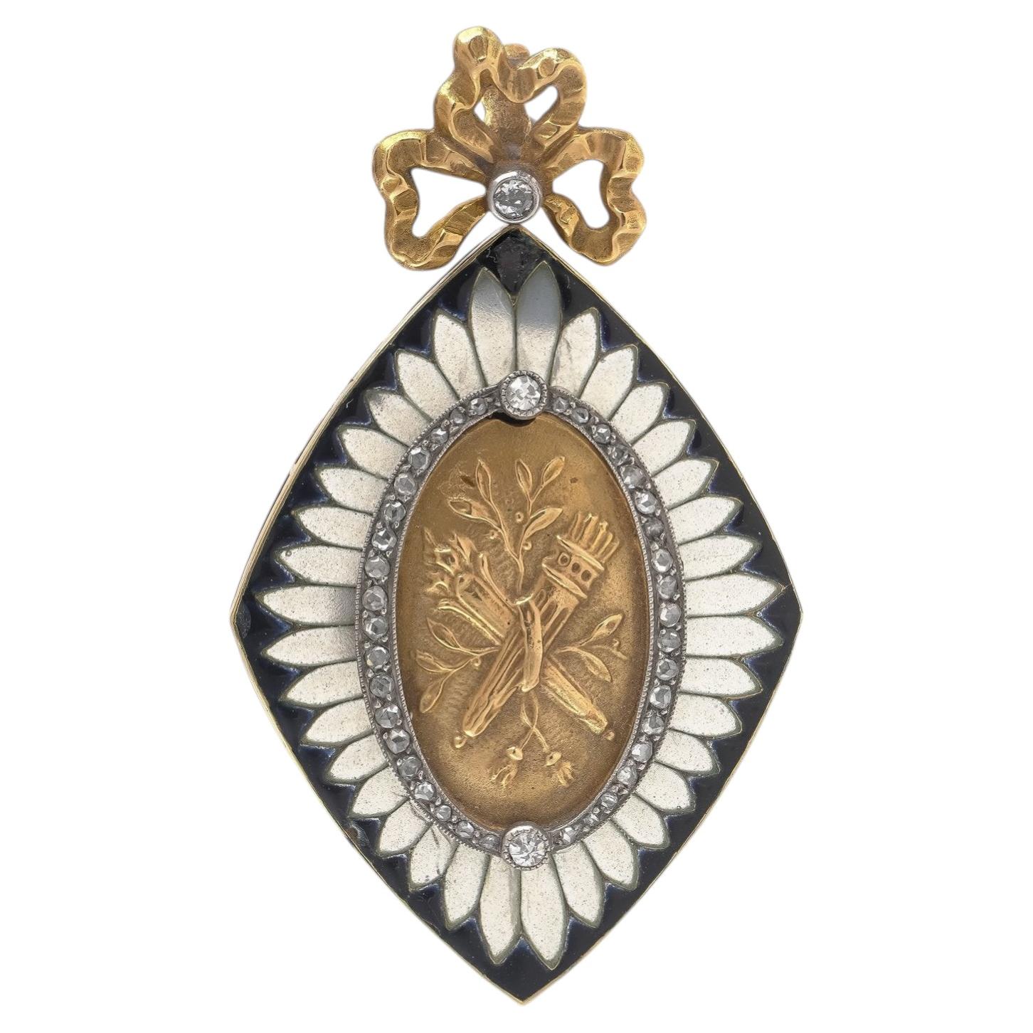 Viktorianischer Anhänger in Form eines Medaillons aus 18-karätigem Gold mit Diamanten und Emaille