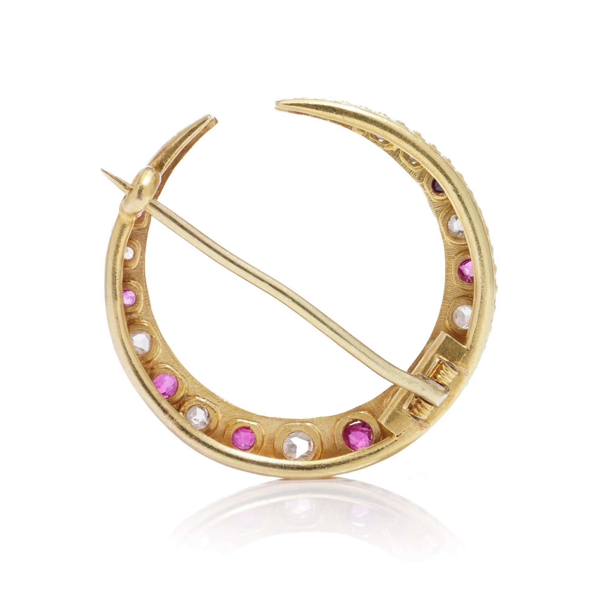Rough Cut Victorian 18kt gold diamond and ruby crescent brooch  For Sale
