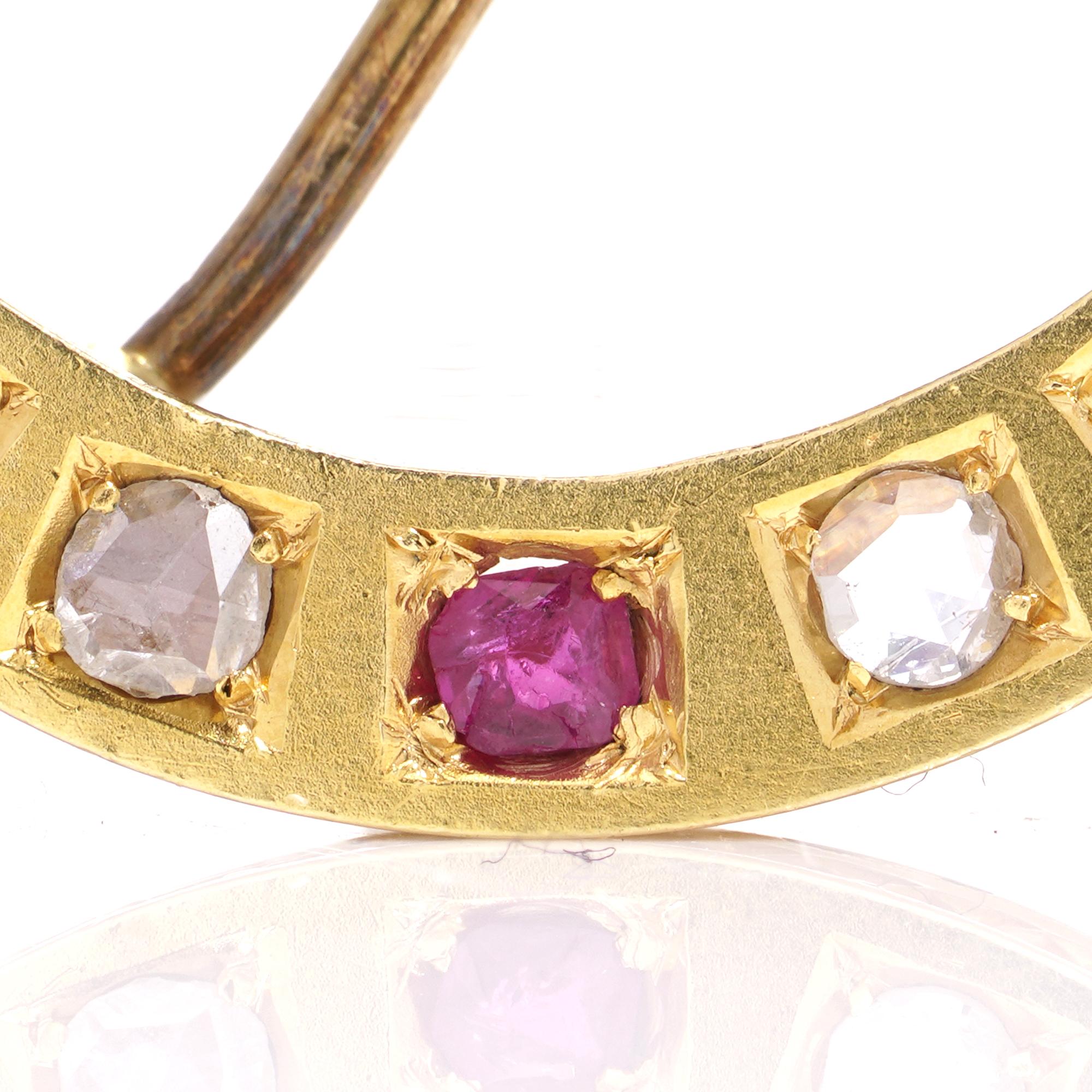 Women's or Men's Victorian 18kt gold diamond and ruby crescent brooch  For Sale