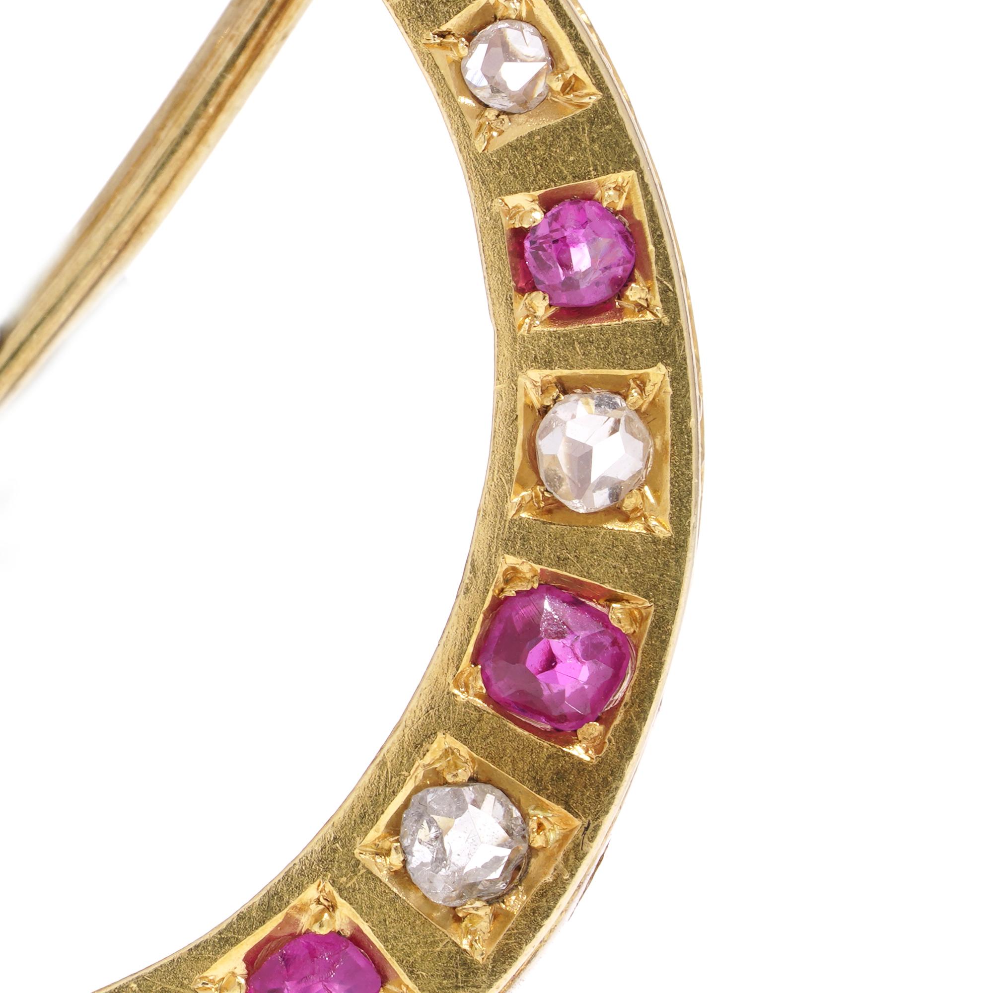 Victorian 18kt gold diamond and ruby crescent brooch  For Sale 1