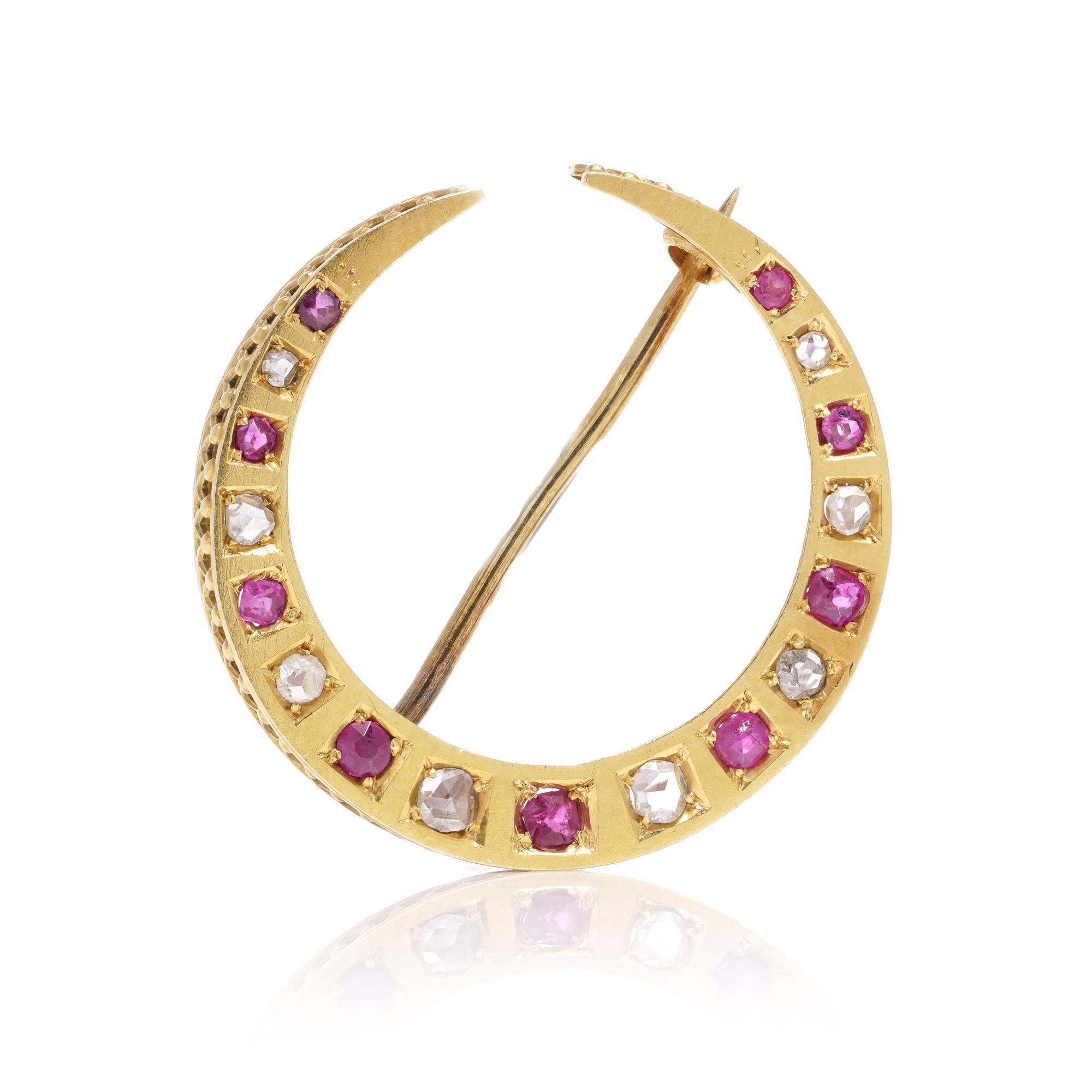 Victorian 18kt gold diamond and ruby crescent brooch  For Sale 2