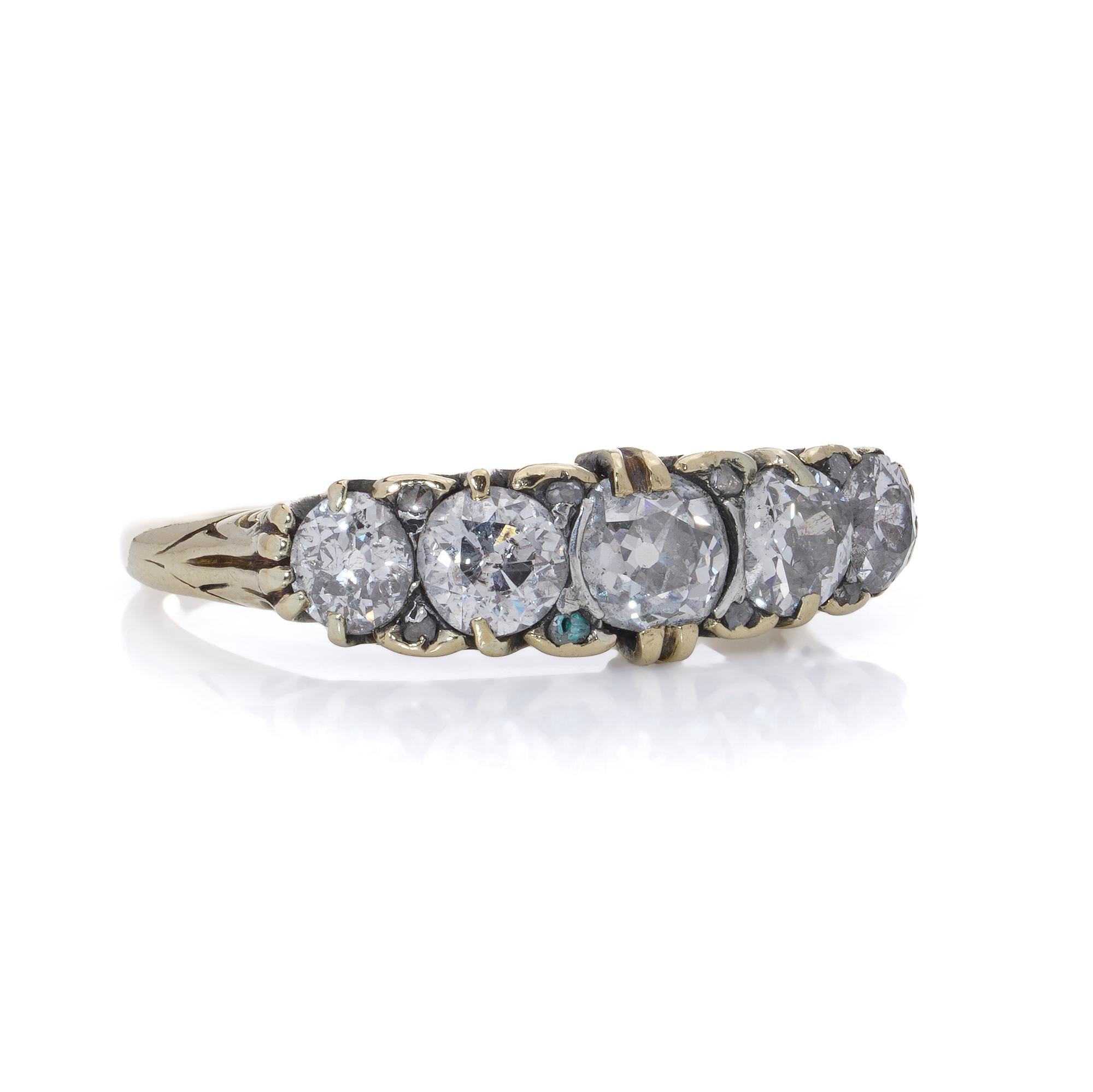 Old European Cut Victorian 18kt Gold Diamond Five-Stone Ring For Sale