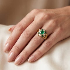 Victorian 18KT Gold Emerald and Pearl Cluster Ring, Pierced Scroll Shoulders