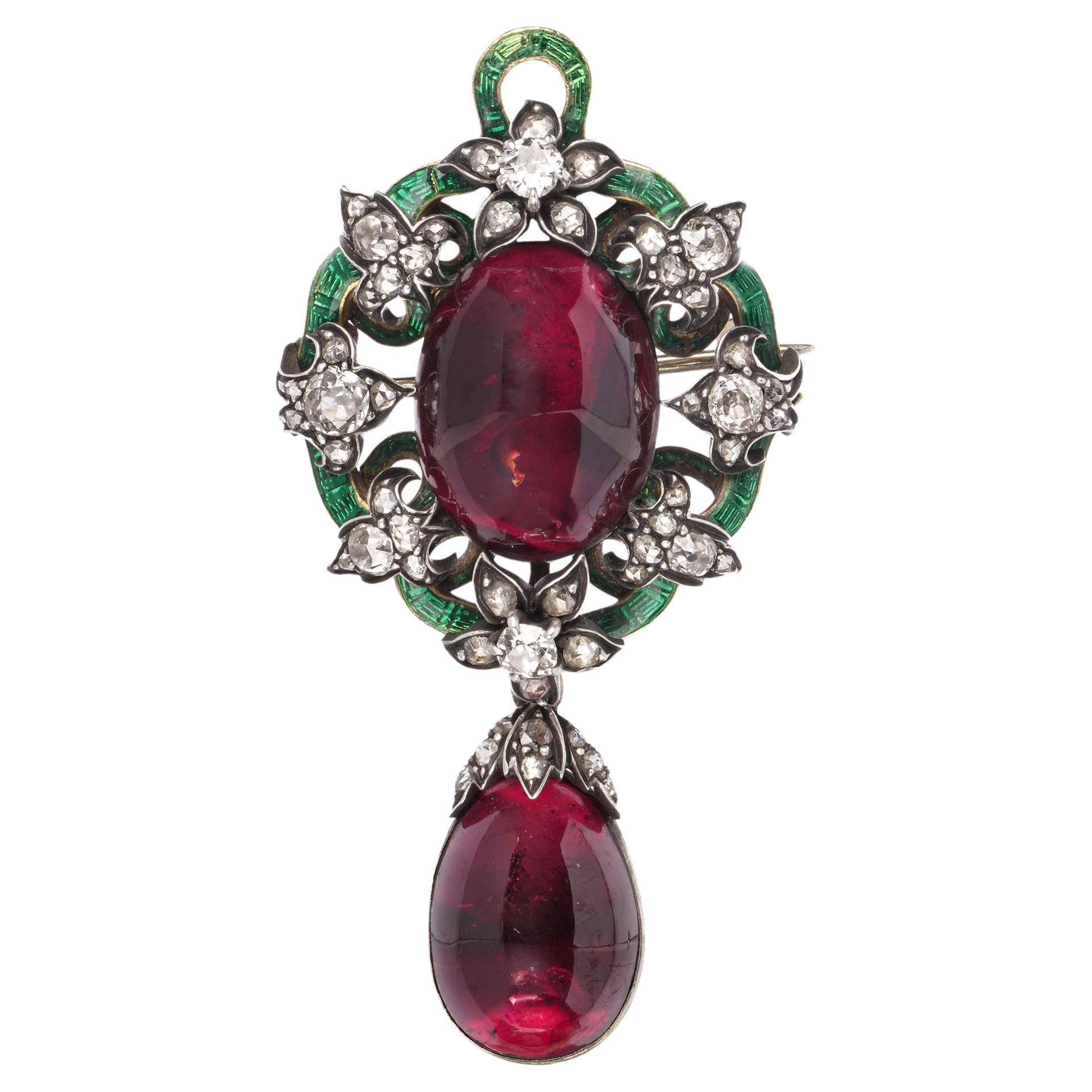 Victorian 18kt gold Georgian - style Garnet, Diamond, and Enamel Brooch/Pendant