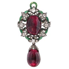 Victorian 18kt gold Georgian - style Garnet, Diamond, and Enamel Brooch/Pendant