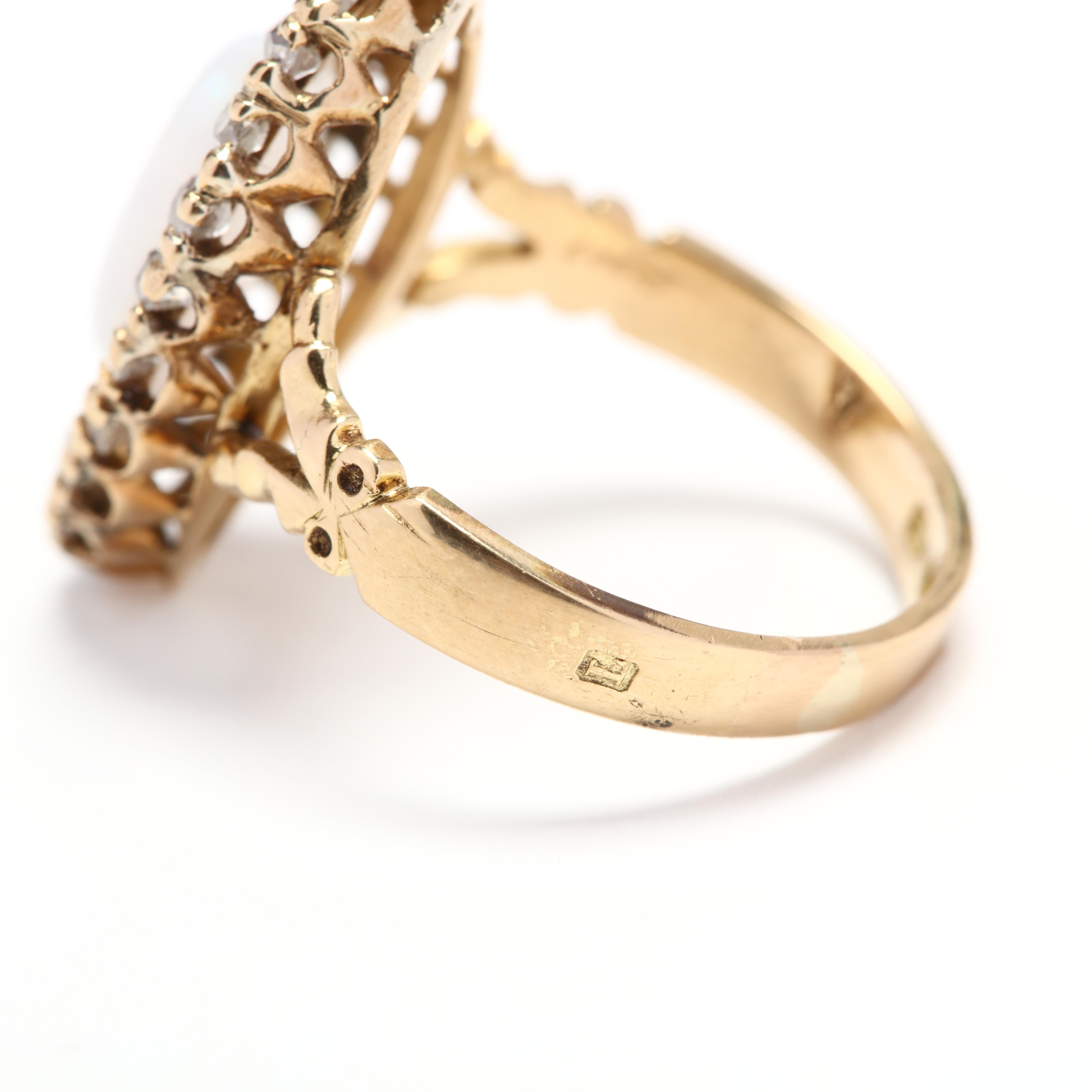 Women's or Men's Victorian 18 Karat Gold Opal and Diamond Navette Ring