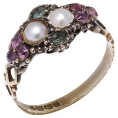 Viktorianischer Ring aus 18 Karat Gold mit Perlen, Amethysten und Smaragden
