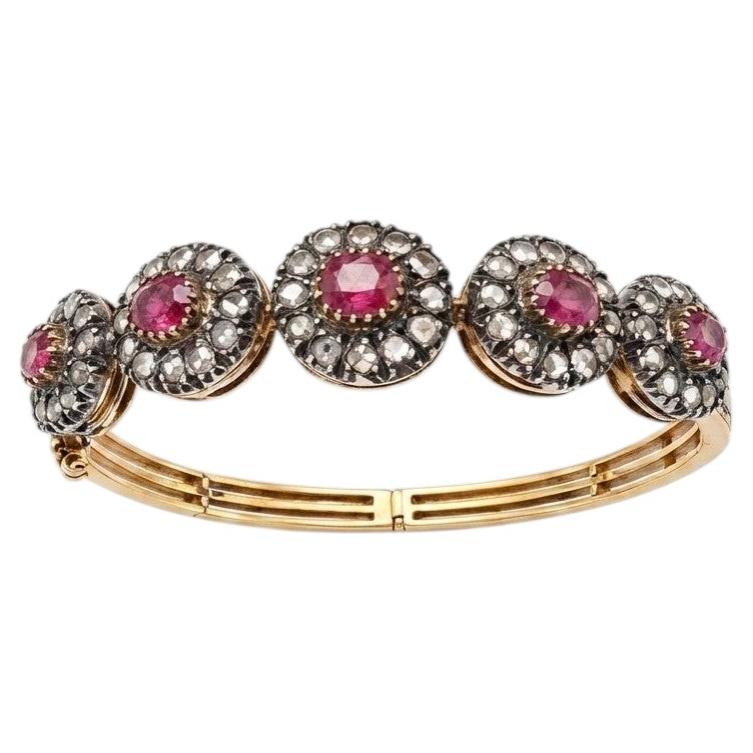 Victorian 18Kt Gold Ruby and Rose Cut Diamond Bangle, Circa 1890