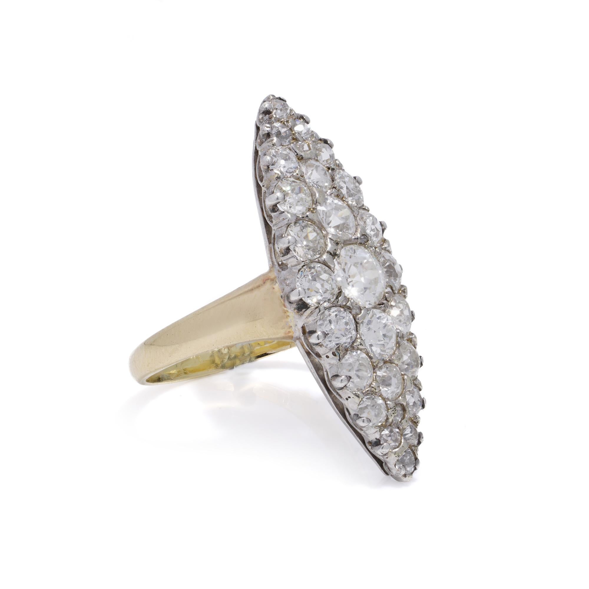 Old European Cut Victorian 18kt Gold & Silver Marquise Diamond Cluster Ring For Sale