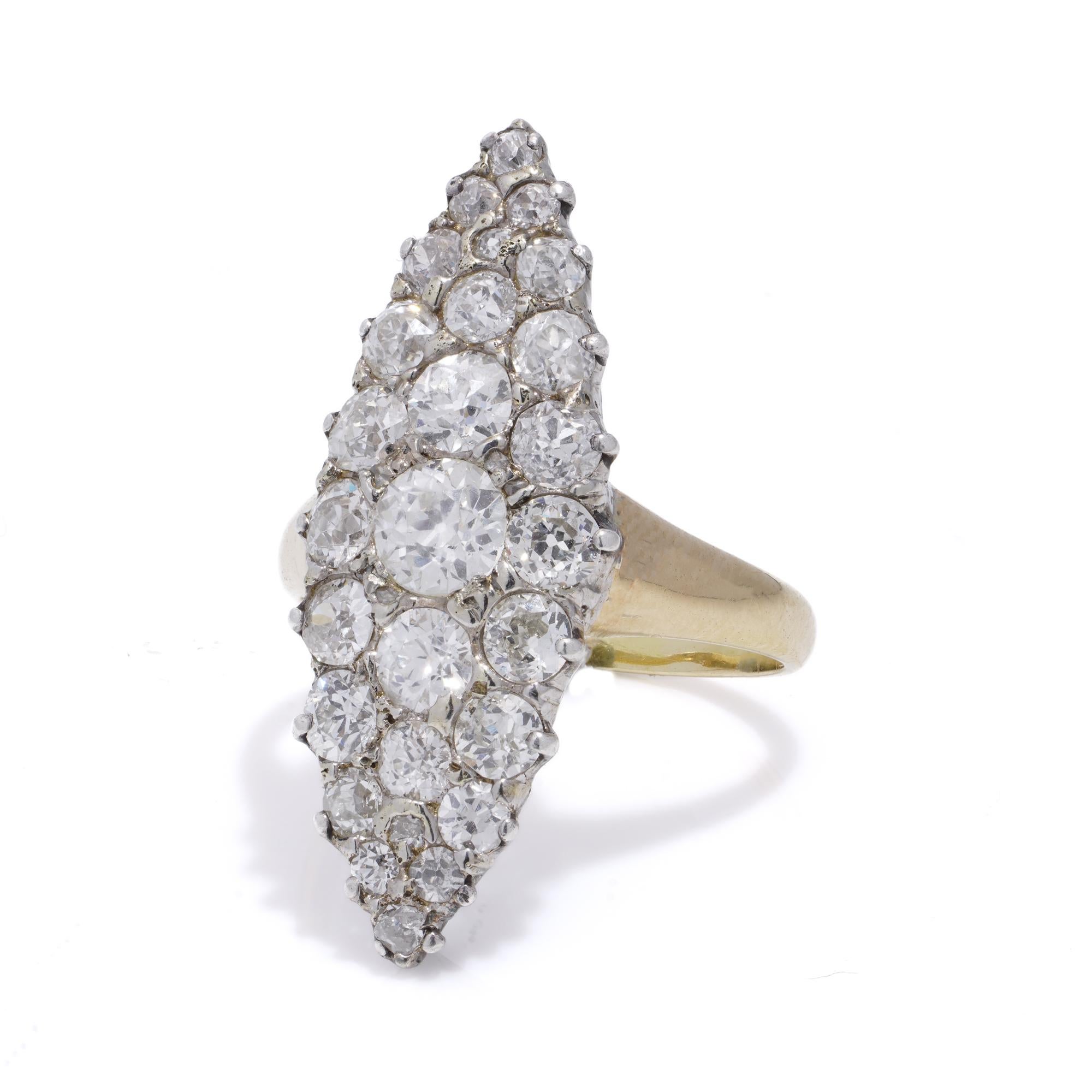 Victorian 18kt Gold & Silver Marquise Diamond Cluster Ring In Good Condition For Sale In Braintree, GB