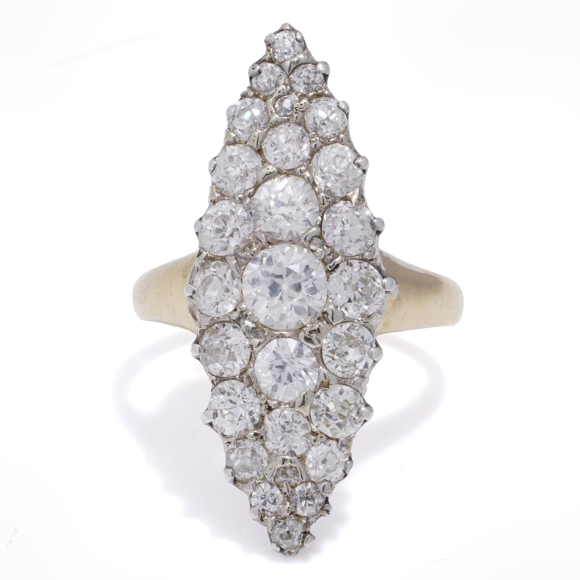 Women's Victorian 18kt Gold & Silver Marquise Diamond Cluster Ring For Sale