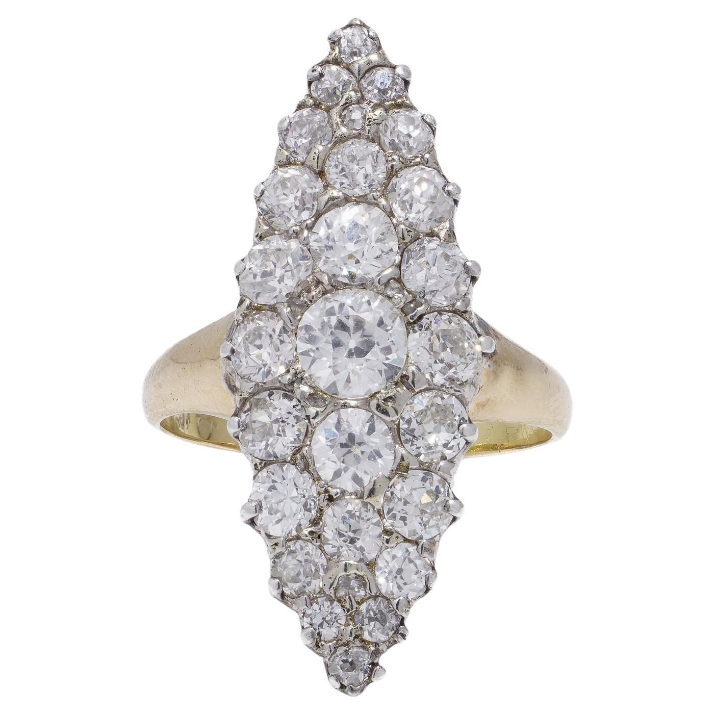 Victorian 18kt Gold & Silver Marquise Diamond Cluster Ring For Sale