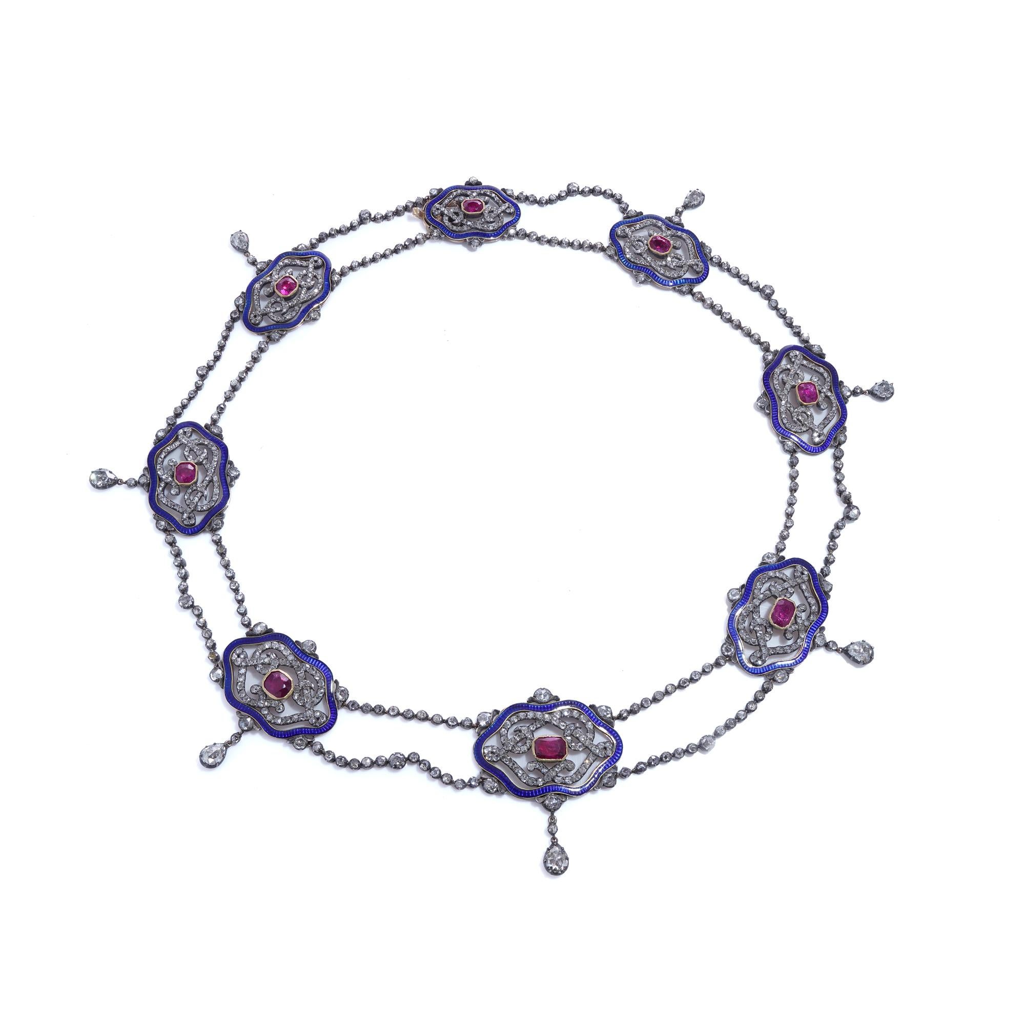 Viktorianische Halskette aus 18 Karat Gold und Silber Rubin, Diamant und Emaille (Rosenschliff) im Angebot