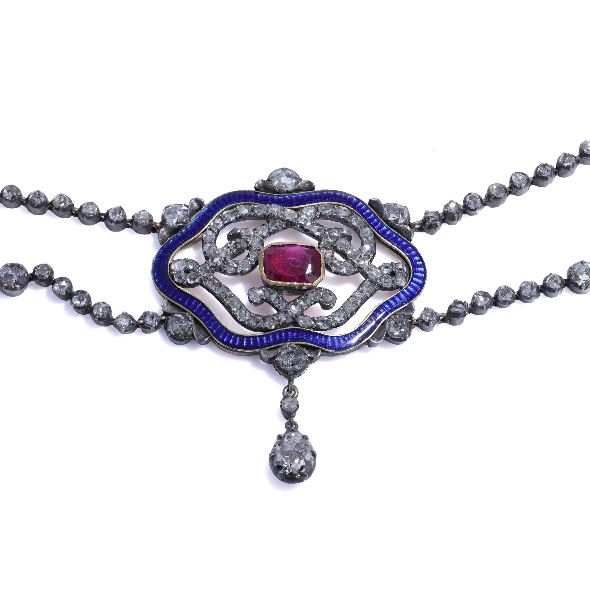 Viktorianische Halskette aus 18 Karat Gold und Silber Rubin, Diamant und Emaille im Zustand „Gut“ im Angebot in Braintree, GB