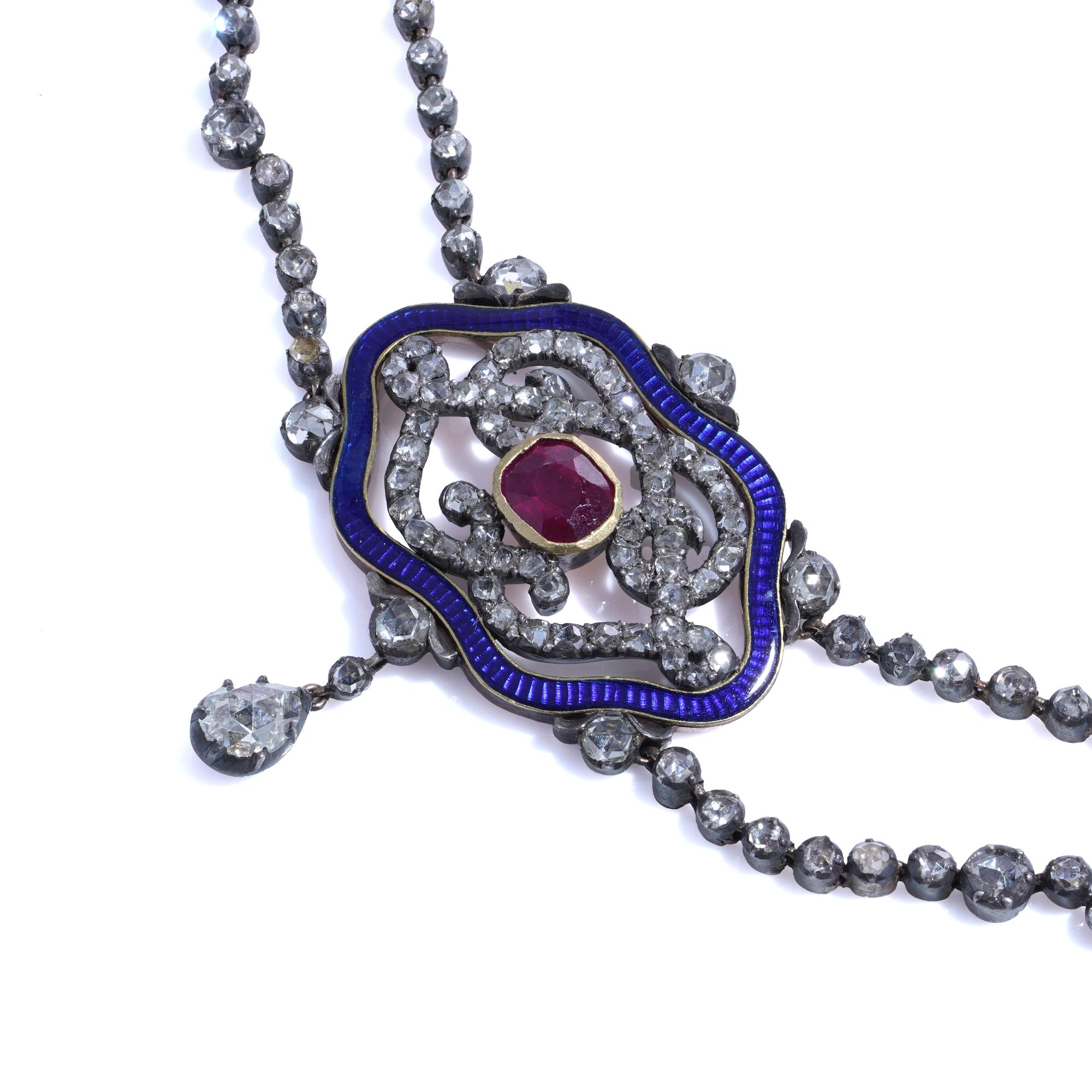 Viktorianische Halskette aus 18 Karat Gold und Silber Rubin, Diamant und Emaille Damen im Angebot