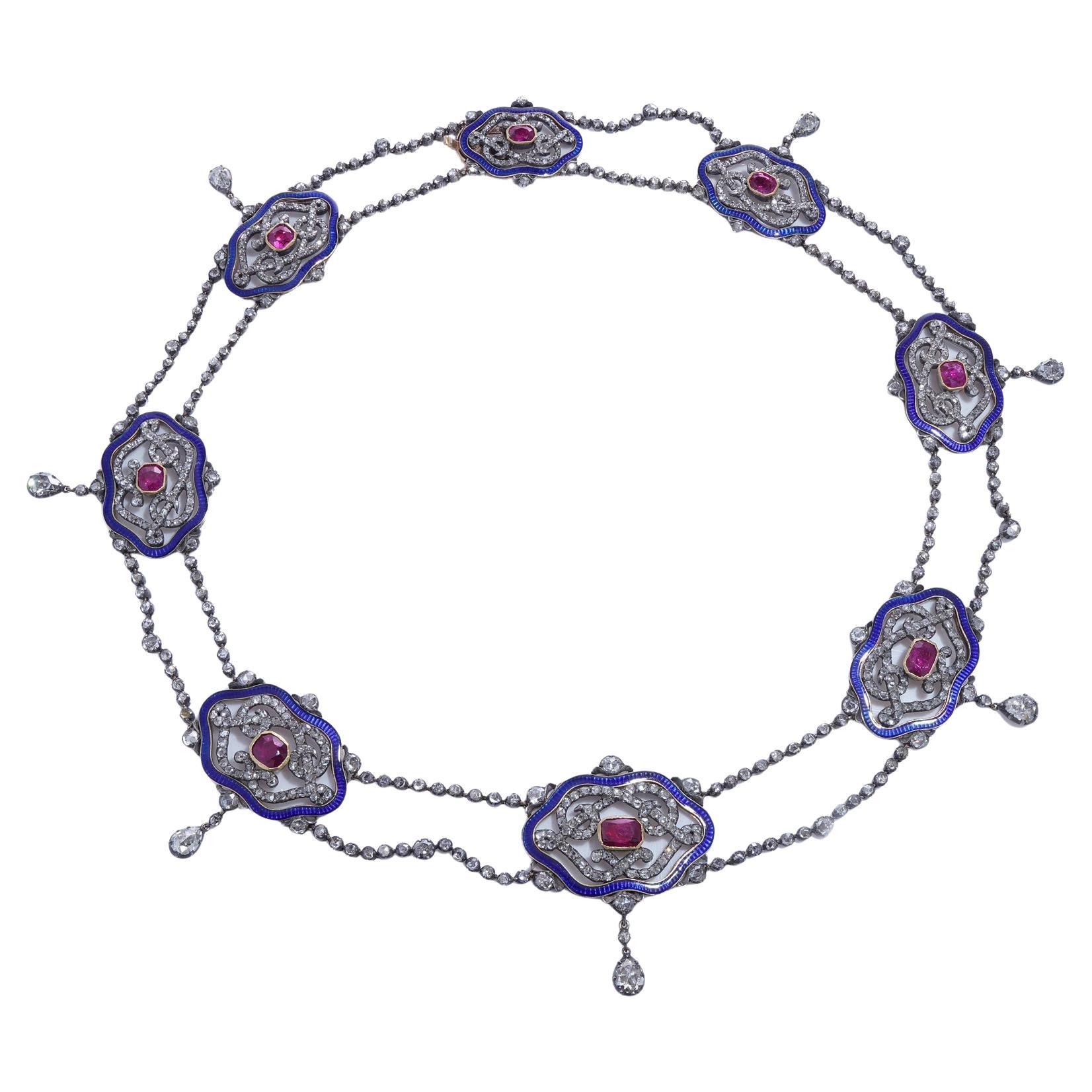 Viktorianische Halskette aus 18 Karat Gold und Silber Rubin, Diamant und Emaille