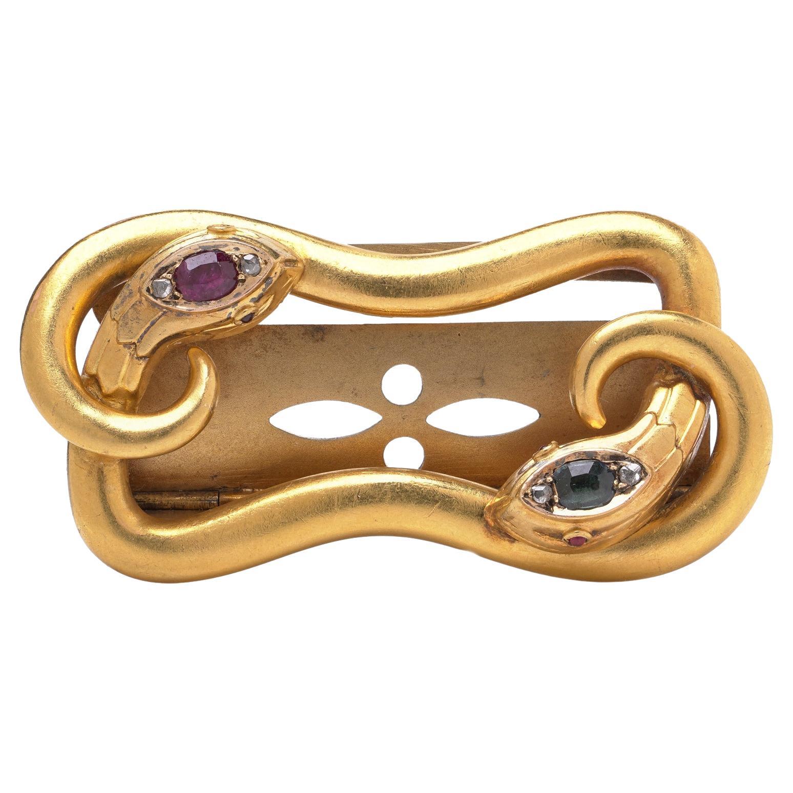 Victorian 18KT Gold Snake Belt Buckle with Ruby, Sapphire 
Diamonds For Sale