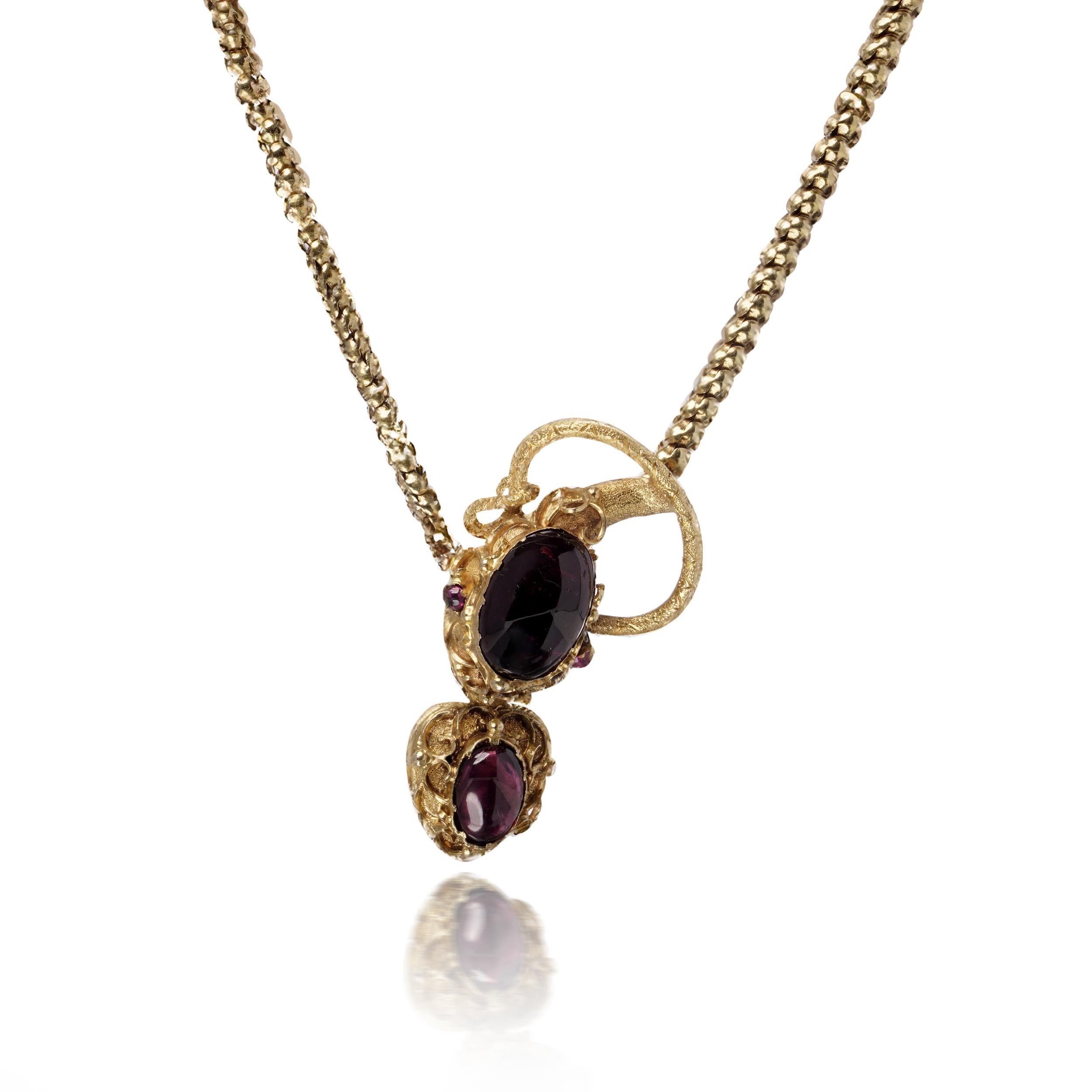 Victorian 18kt Gold Snake Necklace with Garnet and Amethyst Cabochons In Good Condition For Sale In Braintree, GB