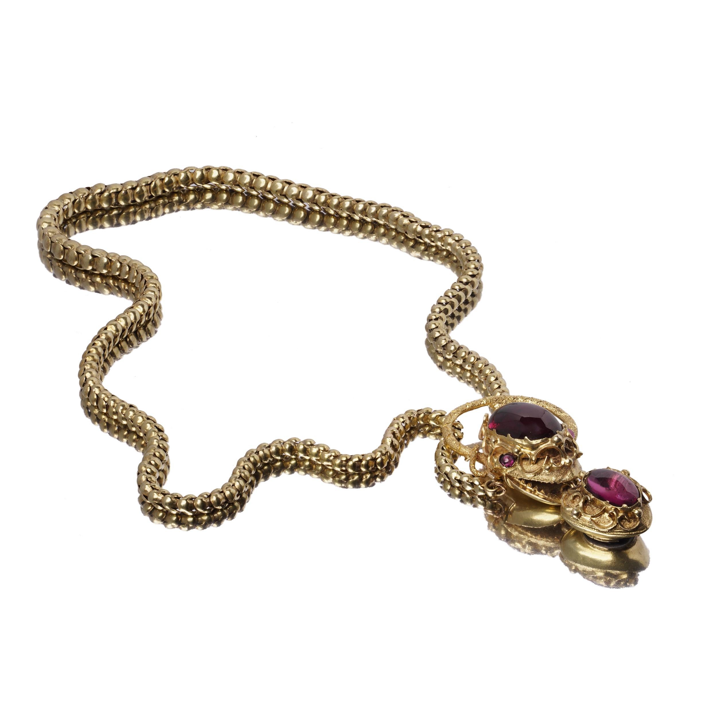 Victorian 18kt Gold Snake Necklace with Garnet and Amethyst Cabochons For Sale 1