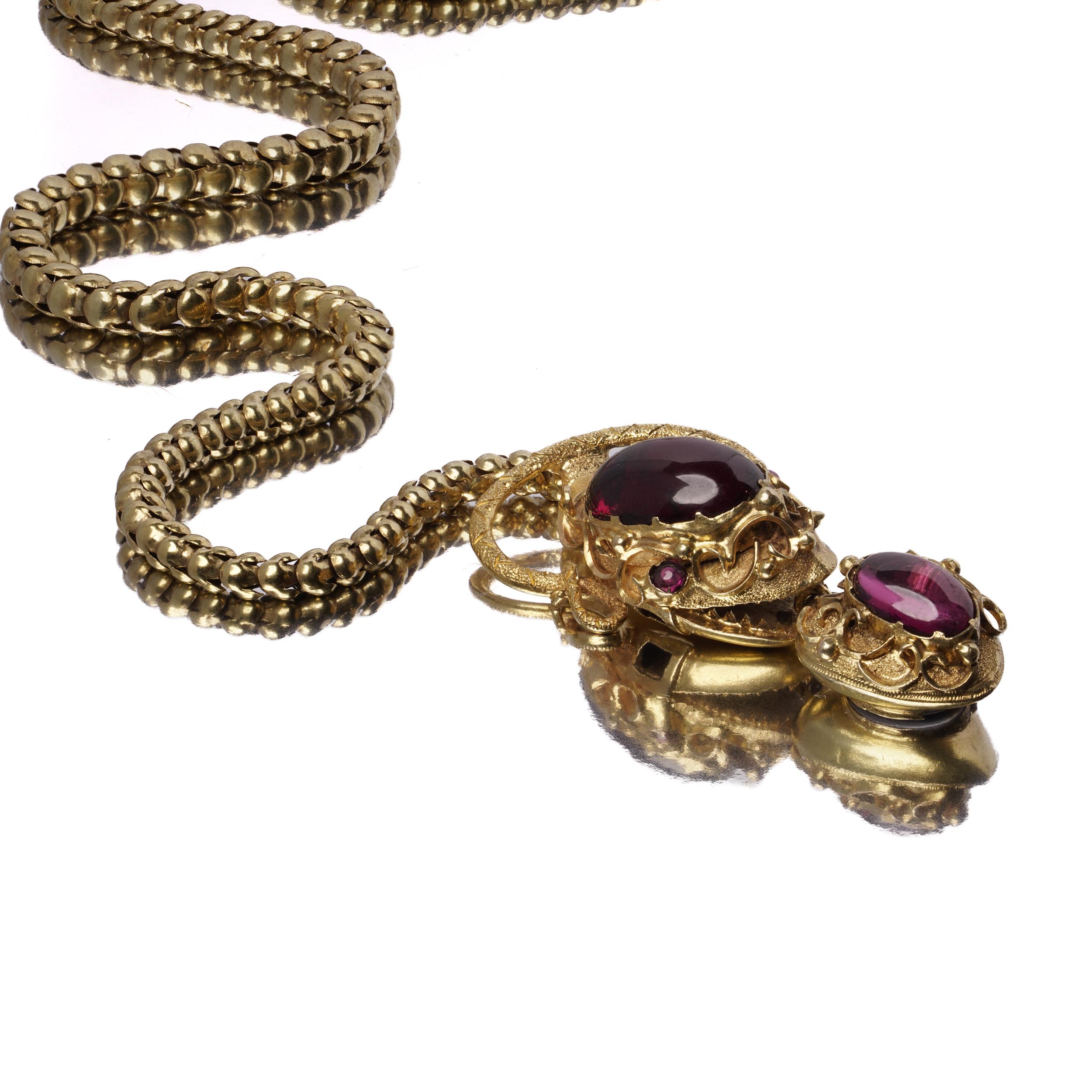 Victorian 18kt Gold Snake Necklace with Garnet and Amethyst Cabochons For Sale 2