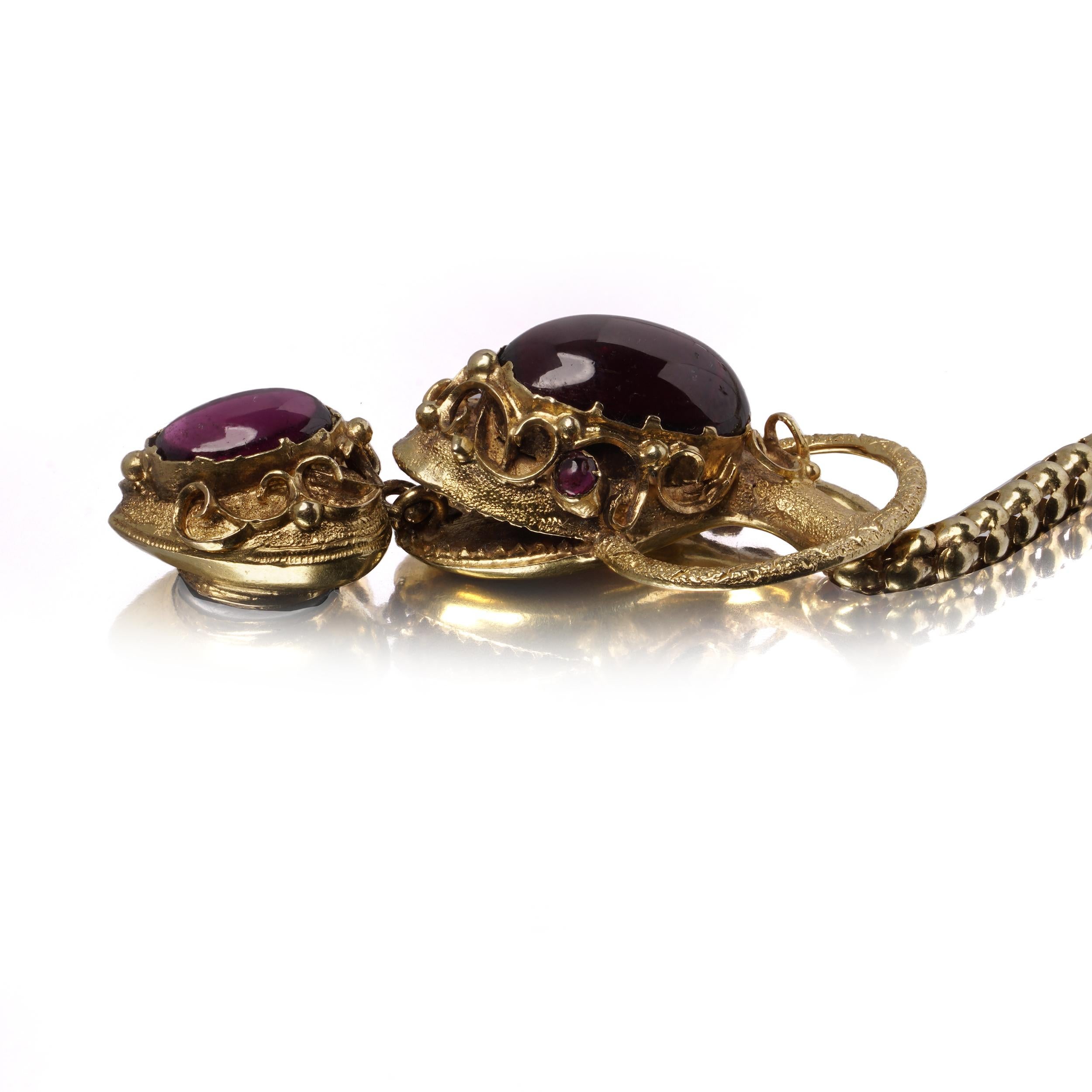 Victorian 18kt Gold Snake Necklace with Garnet and Amethyst Cabochons For Sale 3