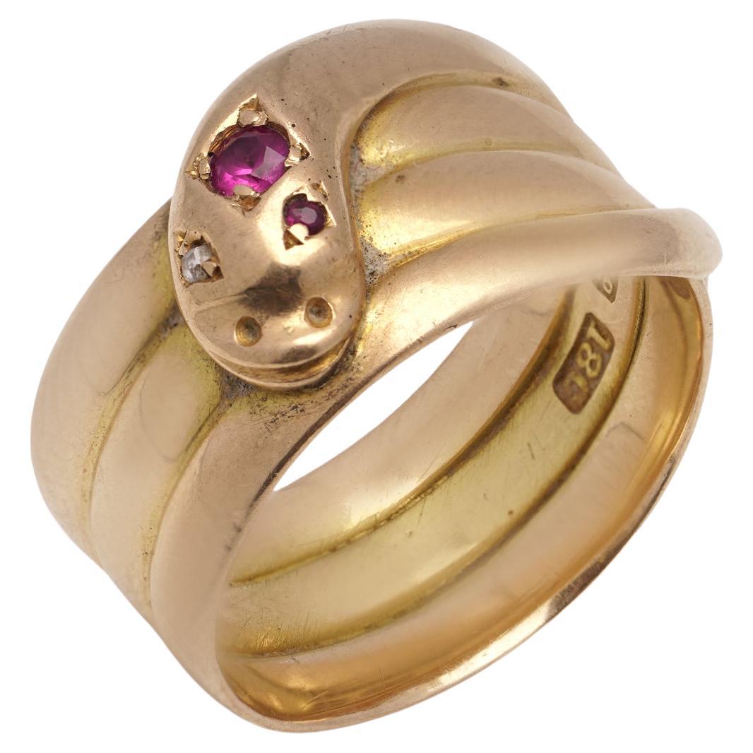 Victorian 18kt Gold Snake Ring with Ruby and Diamond