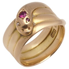 Antique Victorian 18kt Gold Snake Ring with Ruby and Diamond