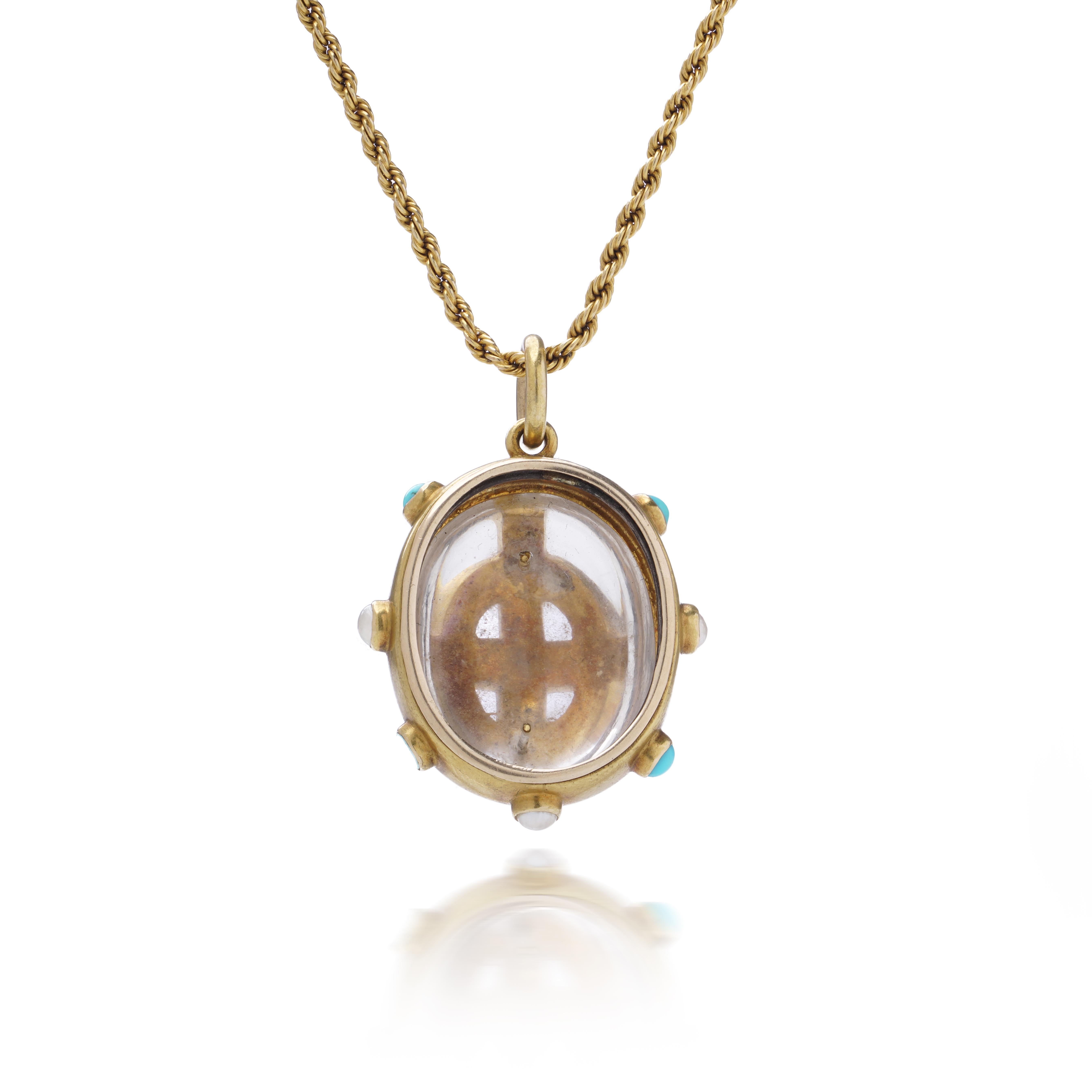Viktorianische 18kt Gold Türkis, Perle, und Bergkristall Anhänger Halskette, 1870er Jahre für Damen oder Herren im Angebot