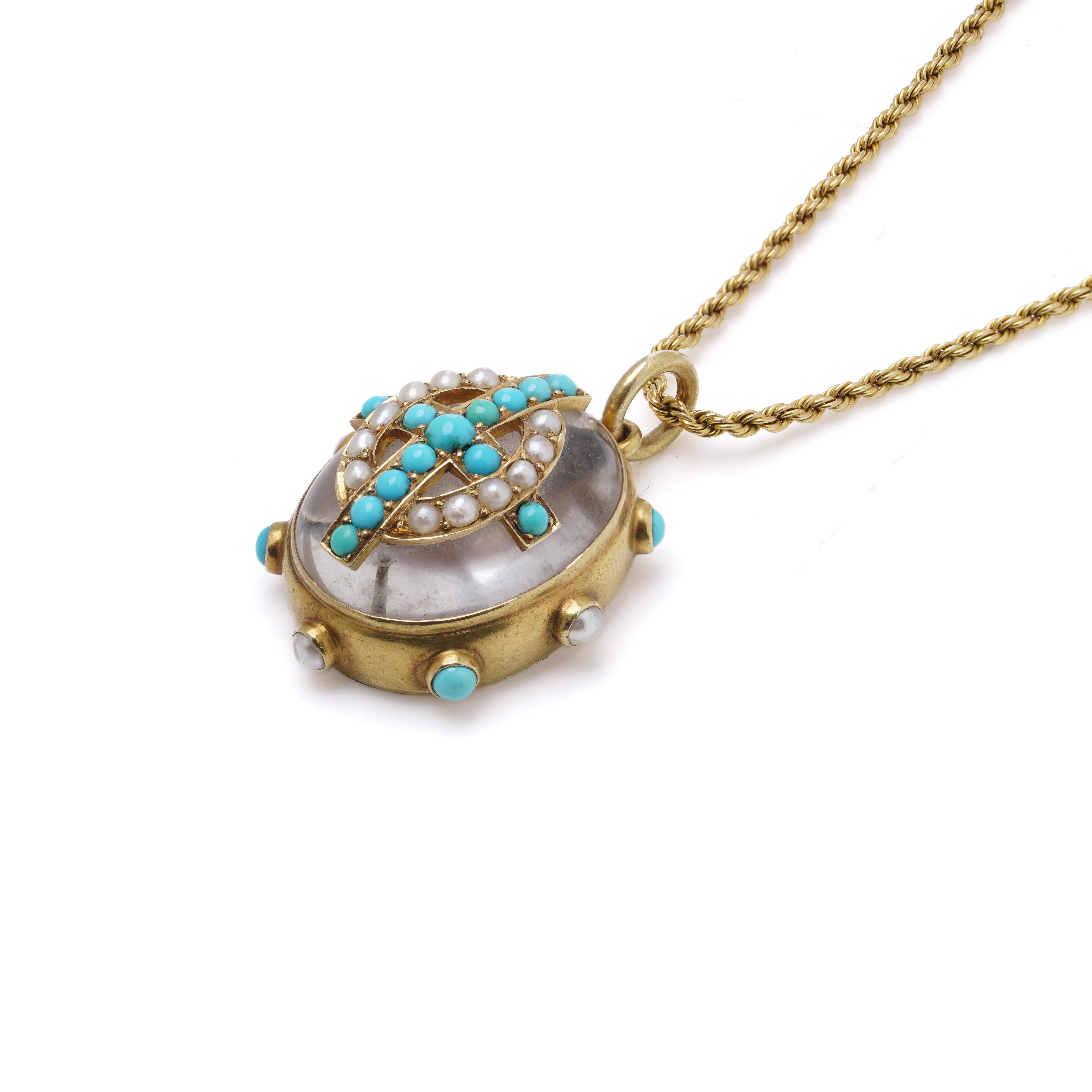 Viktorianische 18kt Gold Türkis, Perle, und Bergkristall Anhänger Halskette, 1870er Jahre im Angebot 1