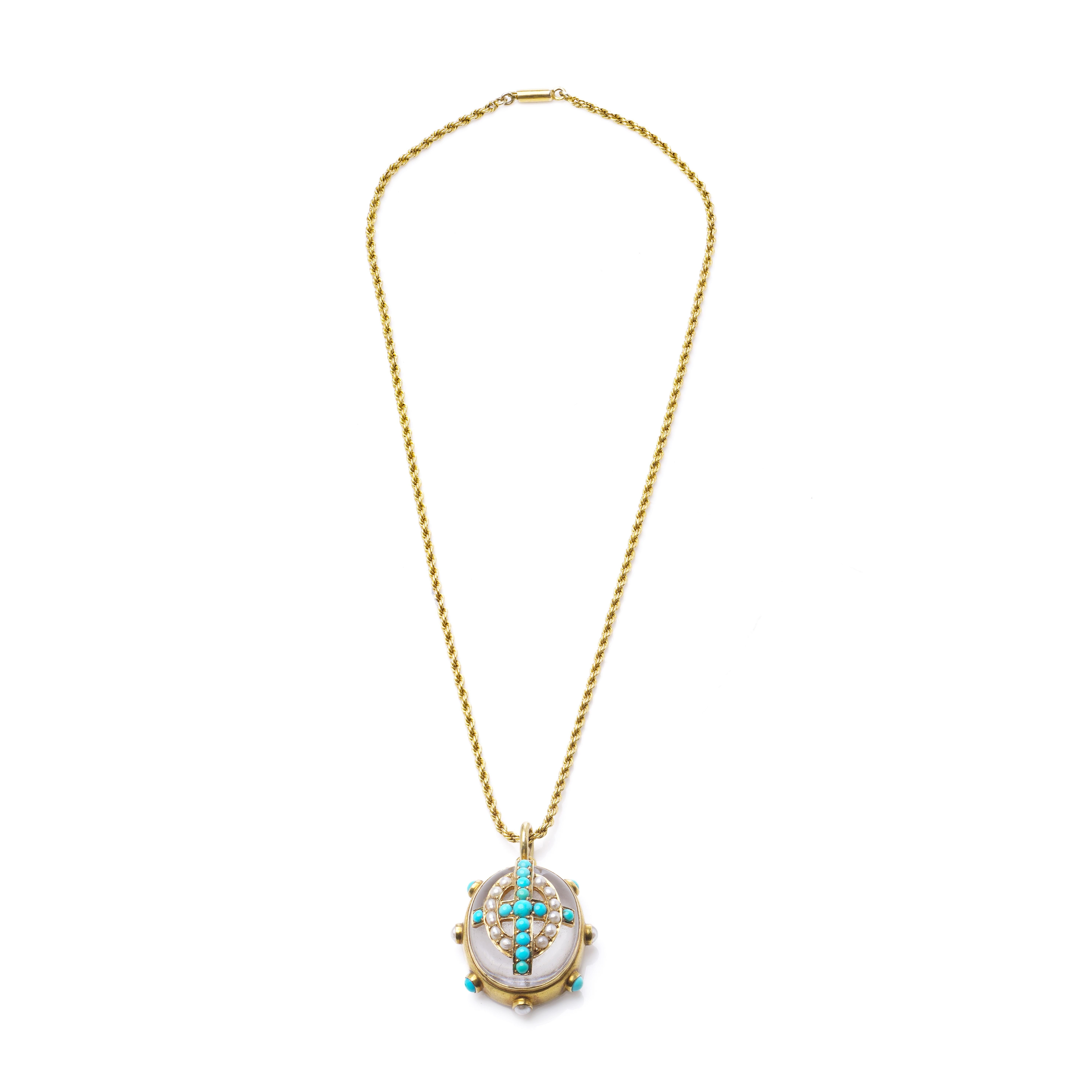 Viktorianische 18kt Gold Türkis, Perle, und Bergkristall Anhänger Halskette, 1870er Jahre im Angebot 2