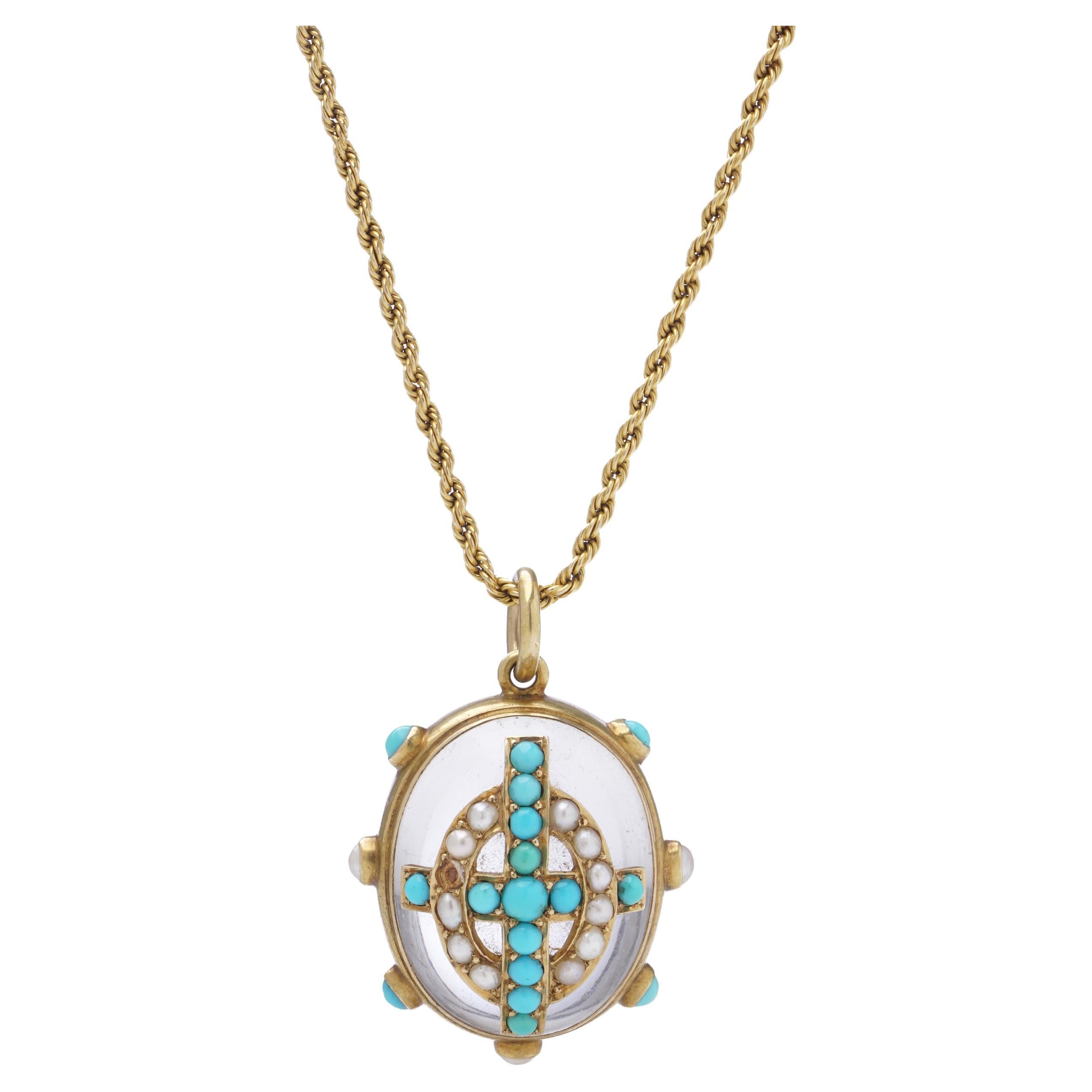Viktorianische 18kt Gold Türkis, Perle, und Bergkristall Anhänger Halskette, 1870er Jahre im Angebot