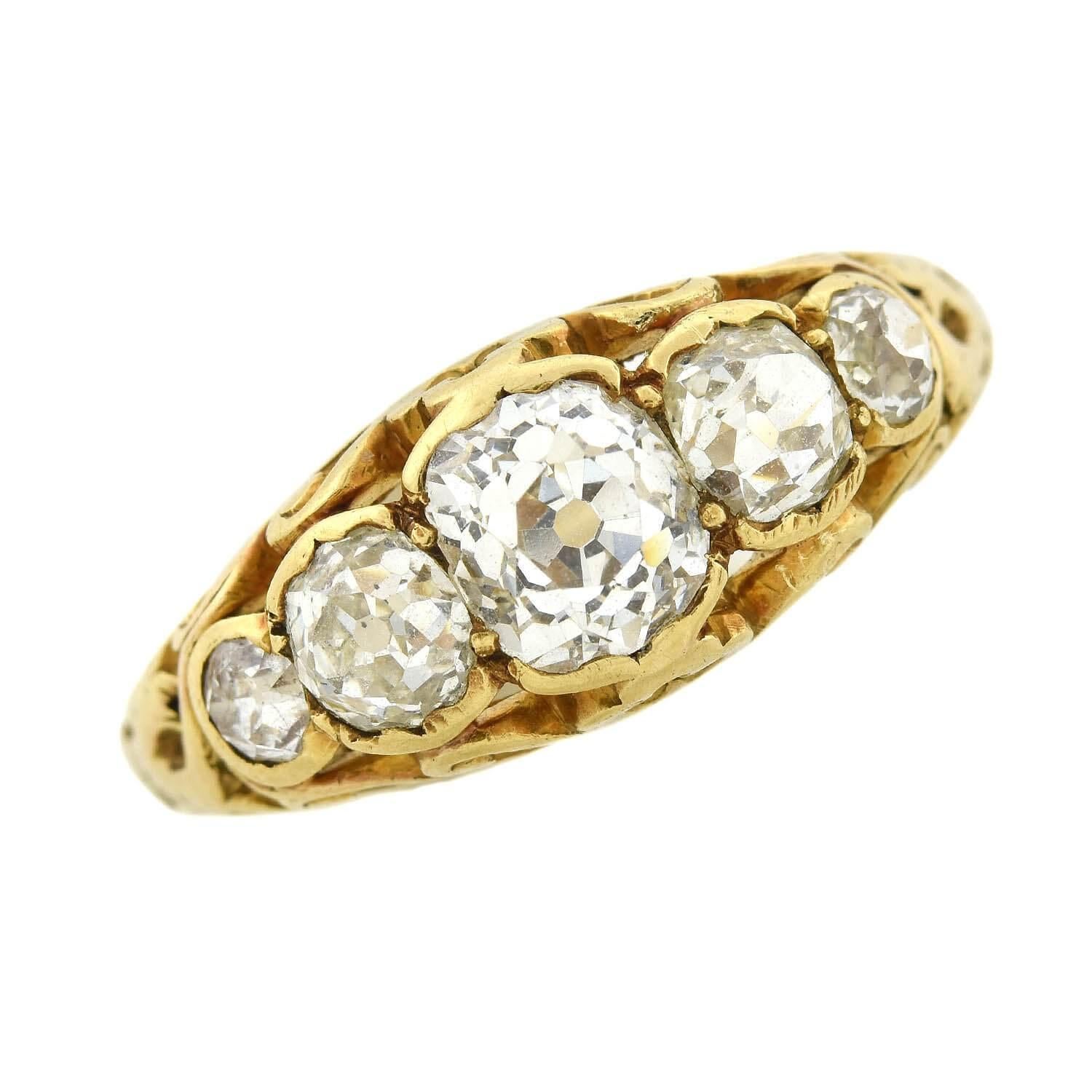 Victorian 18kt Mine Cut Diamond 5-Stone Ring 2.00ctw In Fair Condition For Sale In Narberth, PA