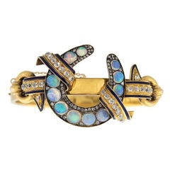 Victorian 18kt Opal, Diamond + Enamel Horseshoe Bangle Bracelet