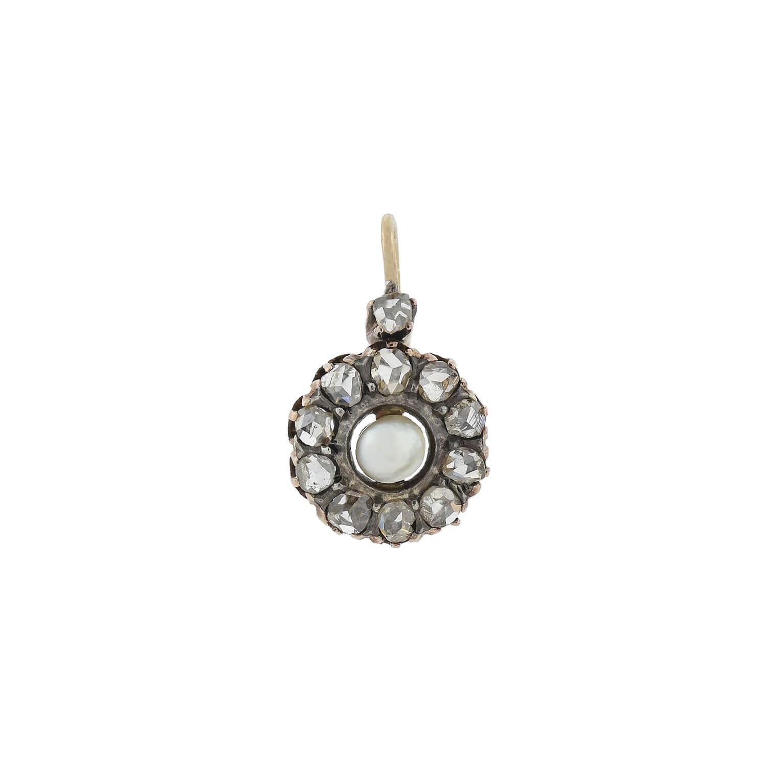 An elegant pair of earrings from the Victorian (ca1880s) era! Crafted in 18kt yellow gold and topped in sterling silver, these earrings feature 10 glittering Rose Cut diamonds in a cluster setting, adorning a lustrous natural white pearl. An