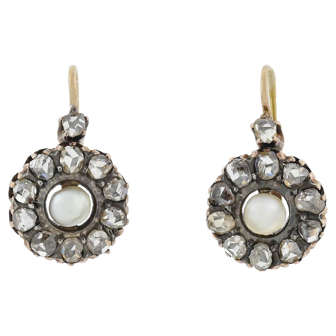 Victorian 18kt/Sterling Diamond and Pearl Cluster Earrings For Sale
