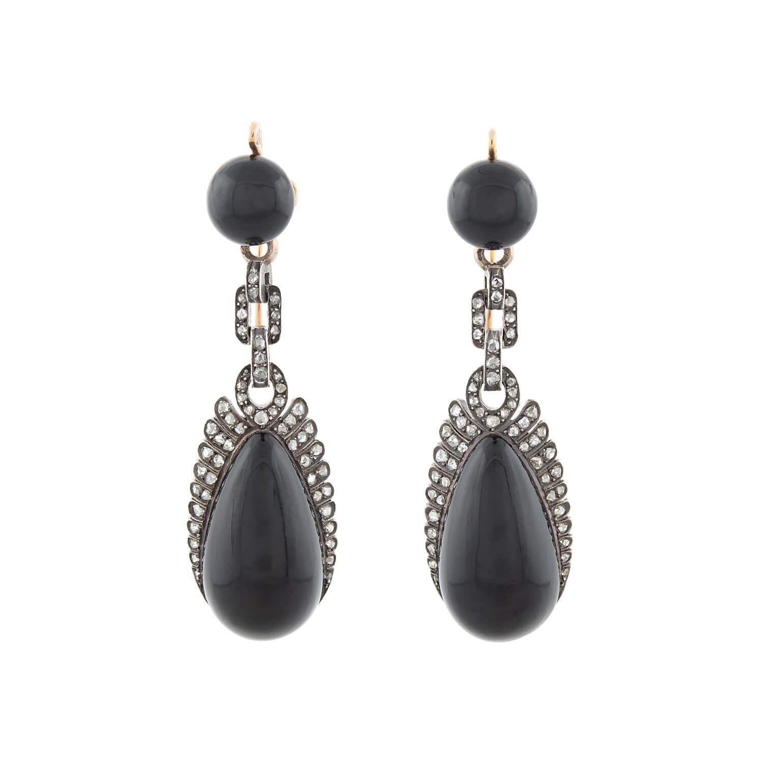 Ensemble victorien de boucles d'oreilles/pendentifs jour et nuit victoriens en argent sterling 18 carats, diamants et onyx Unisexe en vente