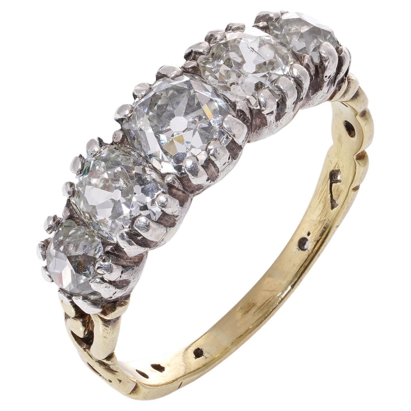 Victorian 18kt yellow gold and silver five-stone ring with 2.50 cts. diamonds 