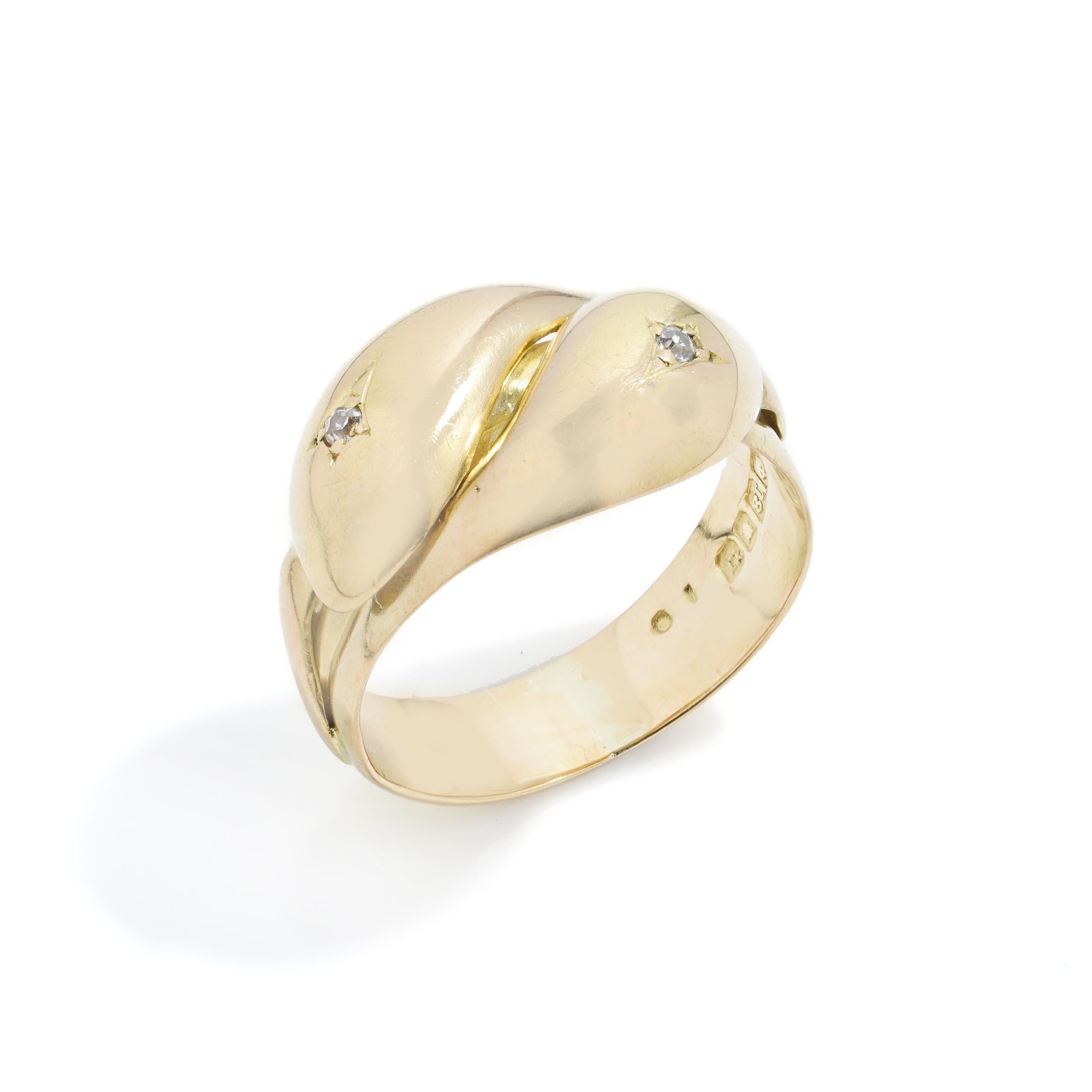 Antique Victorian 18kt yellow gold double serpent band ring set with  0.06 ct. diamonds. 
Made in England, Sheffield, 1895
Fully hallmarked. 

Dimensions - 
Finger Size (UK) = R (EU) = 58 1/2 (US) = 8 3/4
Weight: 7.00 grams

Diamonds - 
Cut: Old-cut