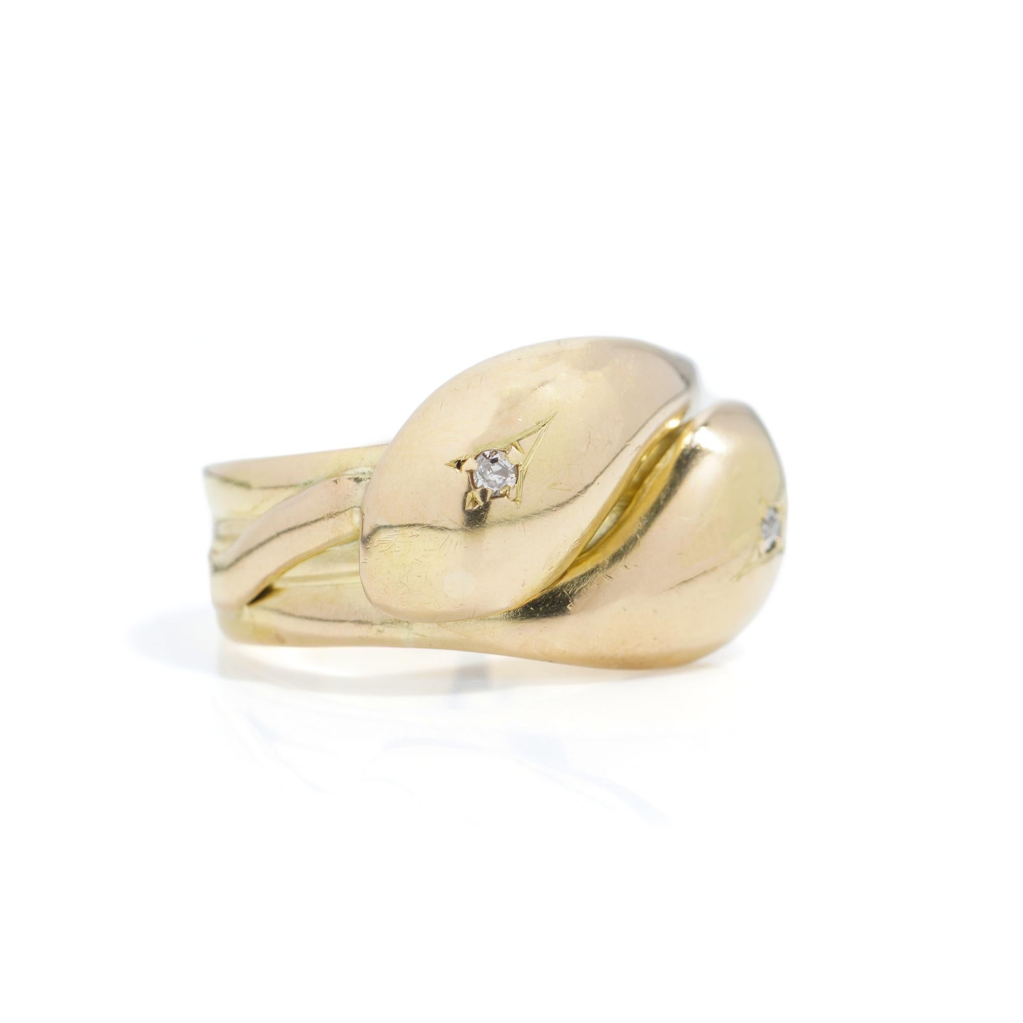 Old European Cut Victorian 18kt Yellow Gold Double Serpent Band Ring Set with 0.06 Ct. Diamonds