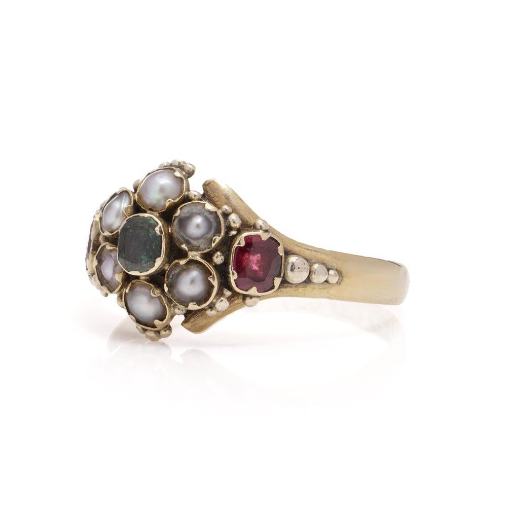 Victorian 18kt gold mourning cluster ring with gems For Sale 1