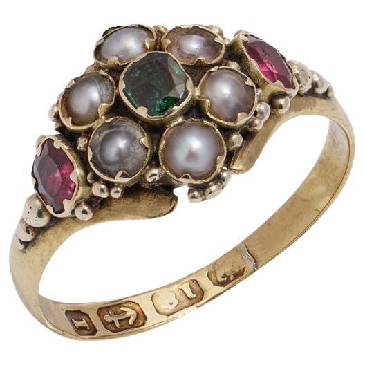 Victorian 18kt gold mourning cluster ring with gems For Sale