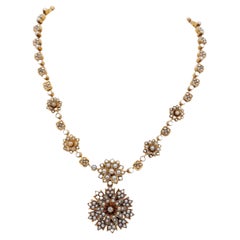 Victorian 18KT Yellow Gold Pearl and Diamond Demi Parure, Circa 1860