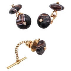Victorian 1900 Scottish Agate Antique Set Of Cufflinks In 18Kt Gold And Diamonds