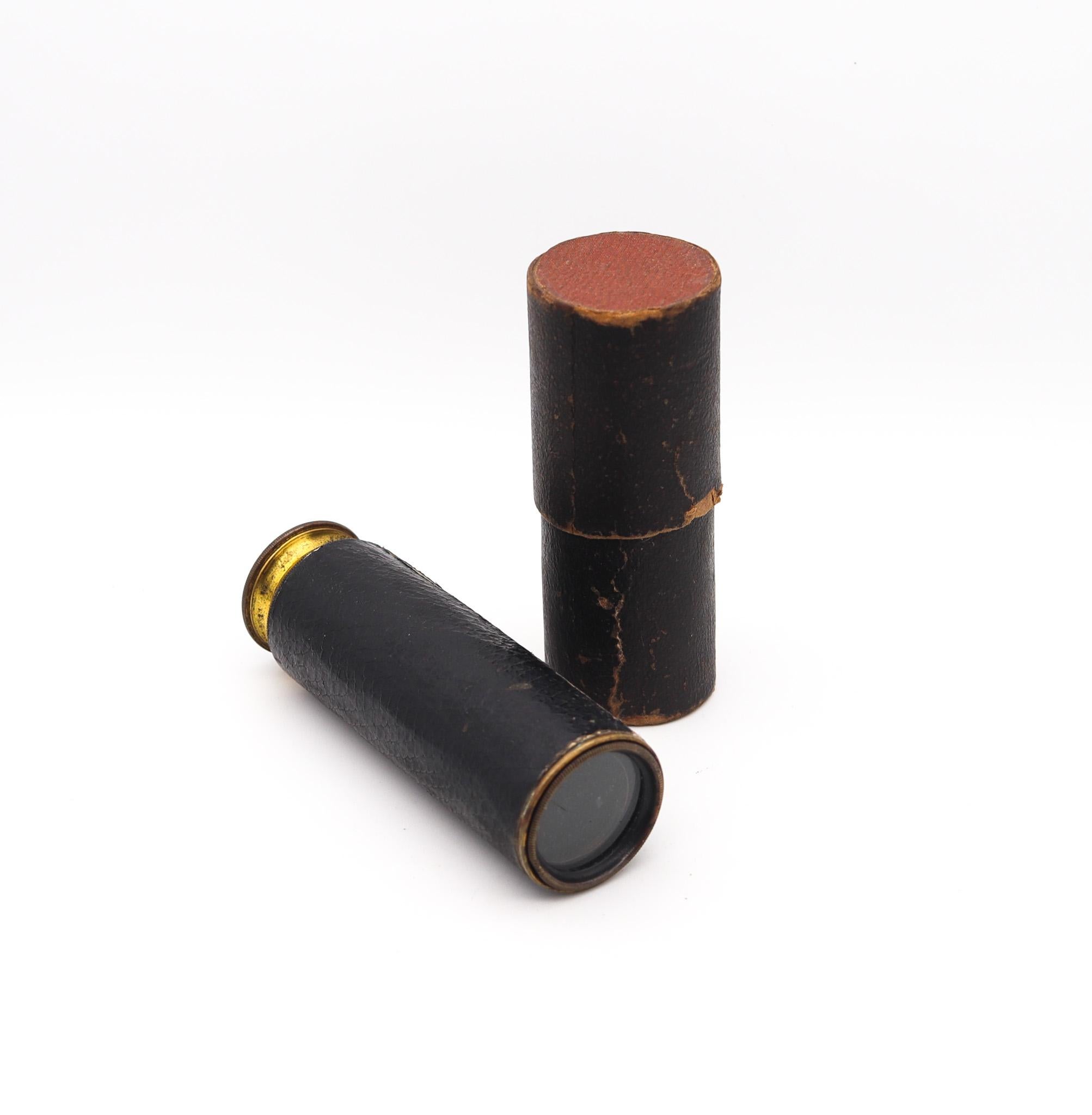 Hand-Crafted Victorian 1900 Three Draw Personal Pocket Monocular Telescope In Brass & Leather For Sale