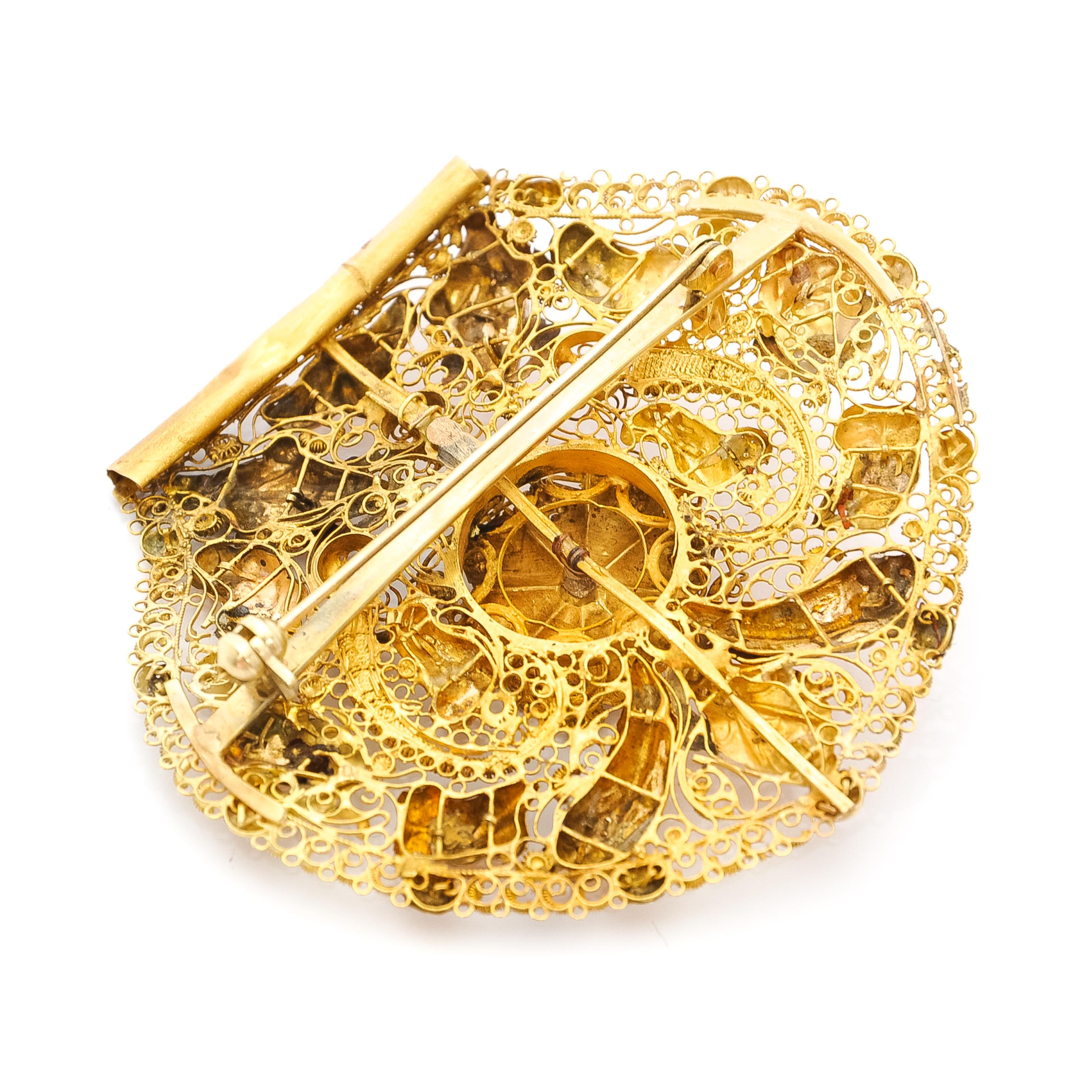 Victorian Antique 14K Gold Horn of Plenty Filigree Cannetille Brooch For Sale