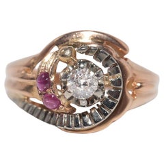 Viktorianischen 1900er 18k Gold natürlichen Diamanten und Cabochon Cut Rubin Ring