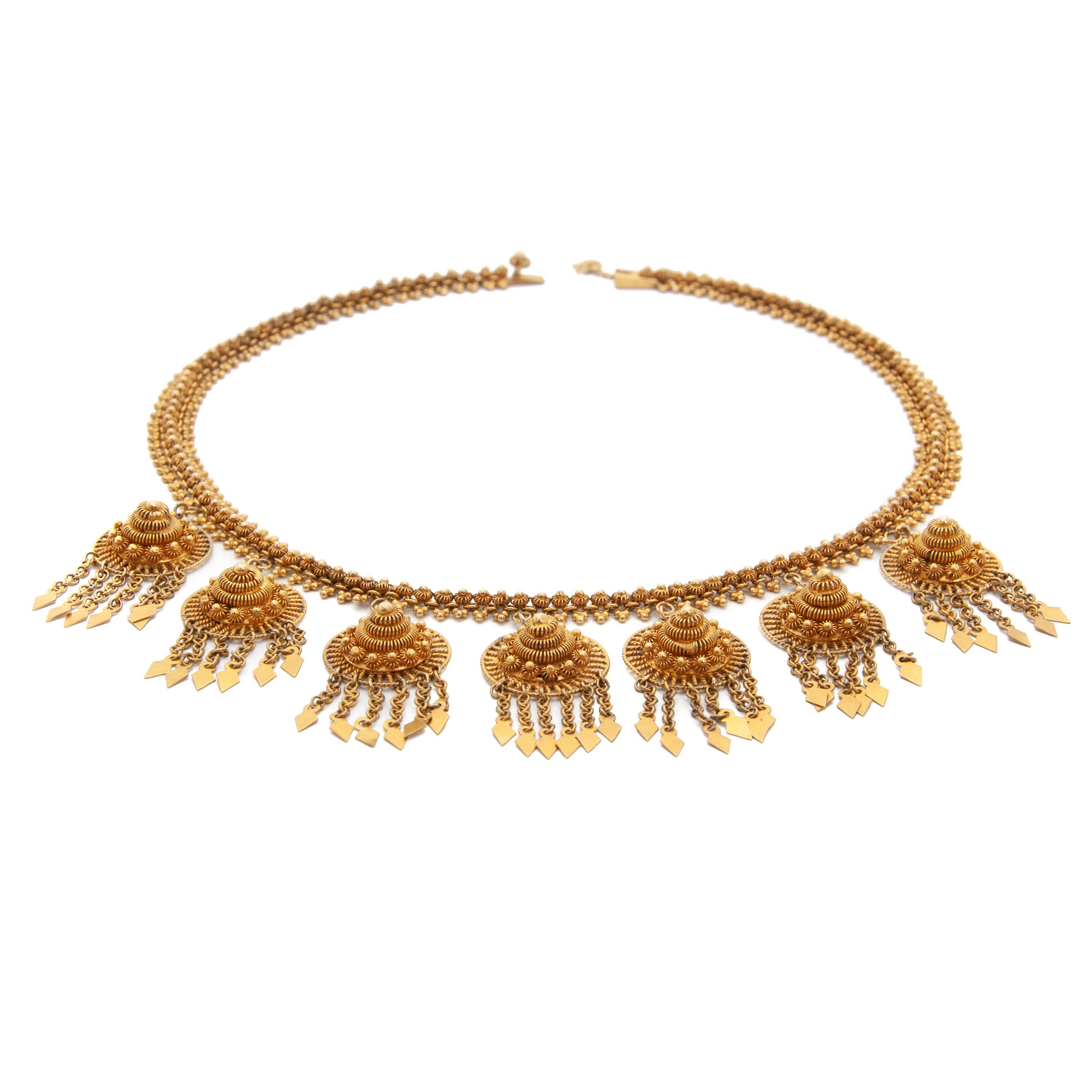 Antique Etruscan Revival 18K Yellow Gold Cannetille Necklace In Good Condition For Sale In Rotterdam, NL