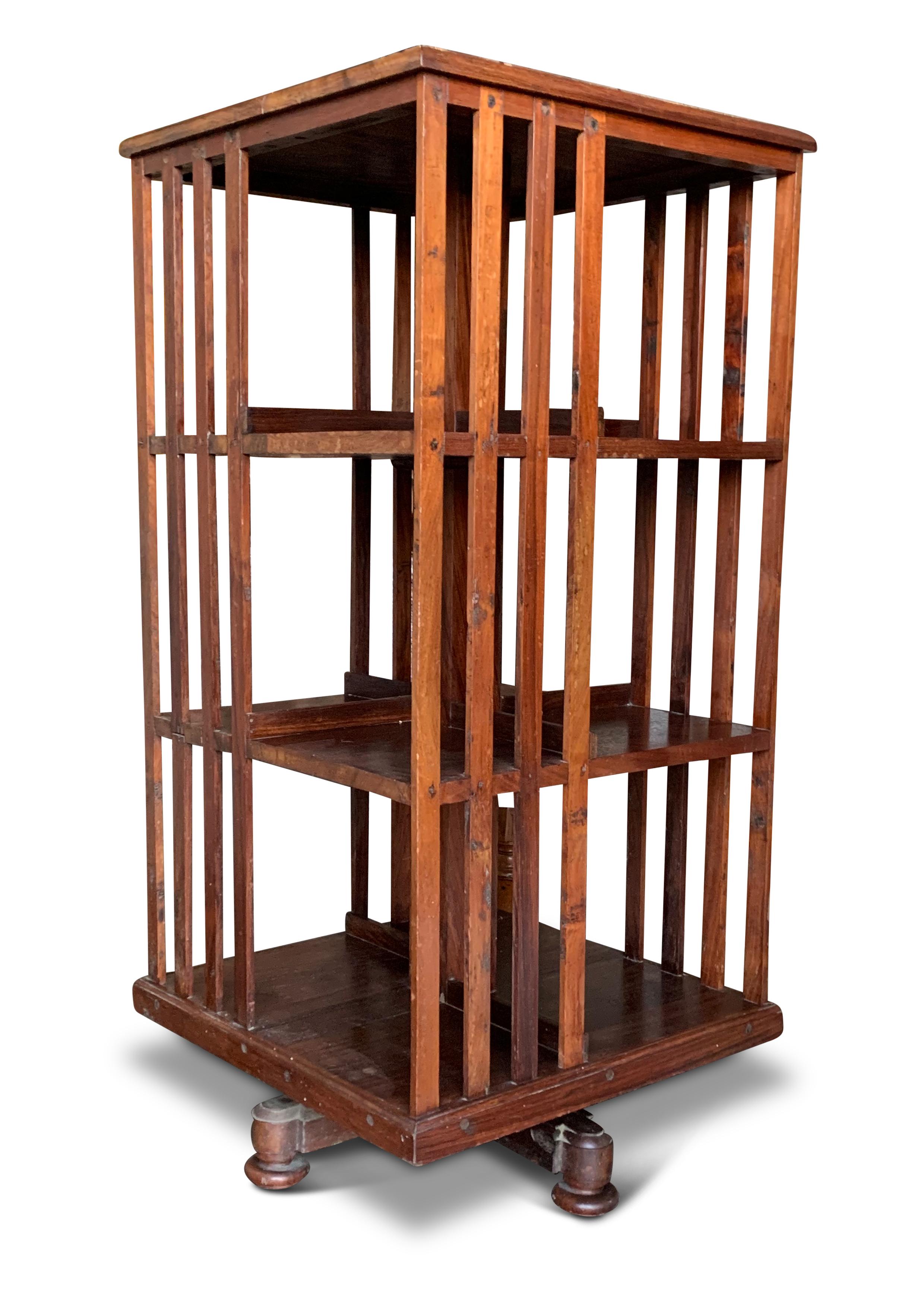 Late Victorian Victorian 1900s Revolving Three Tier Library Bookcase with Wooden Feet For Sale