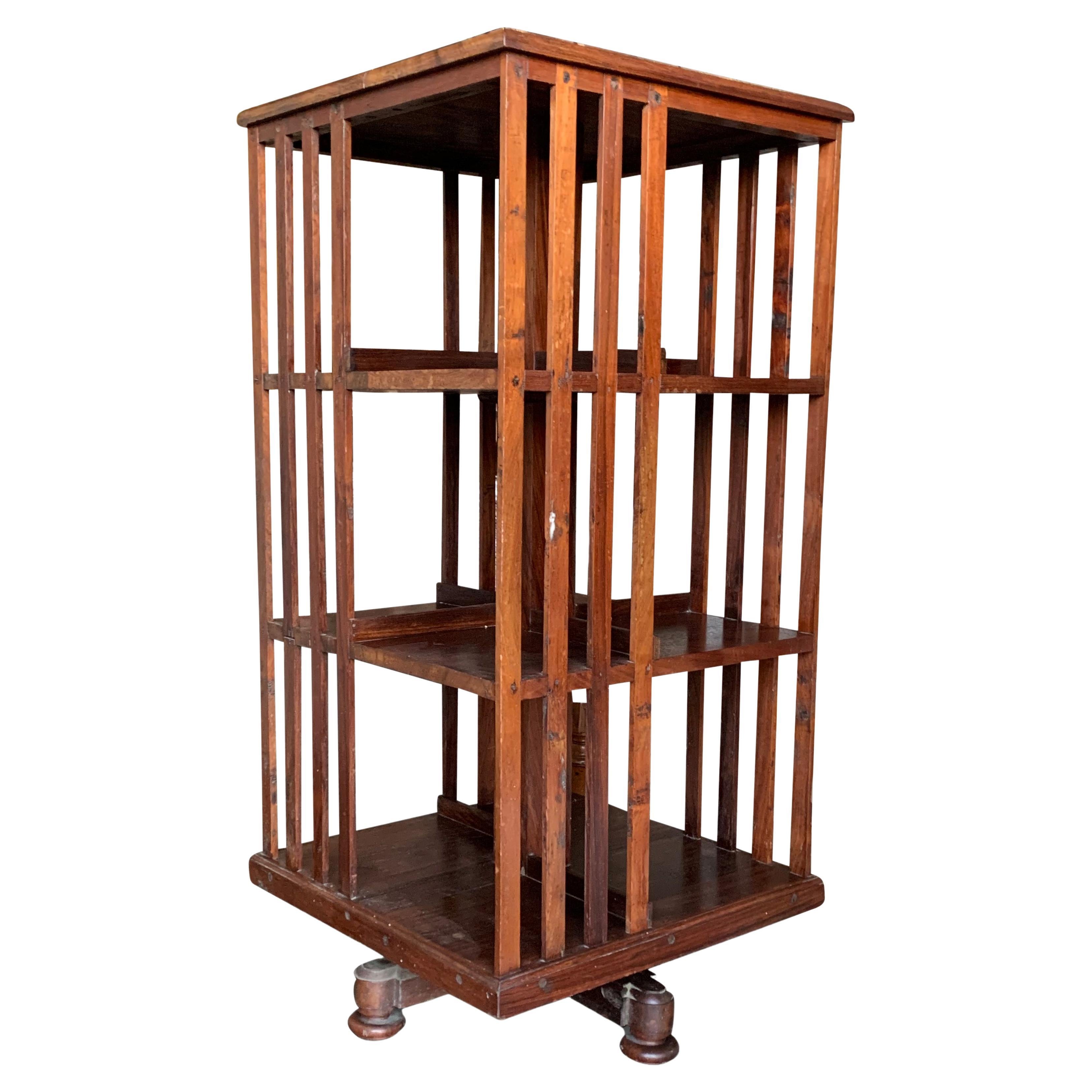 Victorian 1900s Revolving Three Tier Library Bookcase with Wooden Feet For Sale