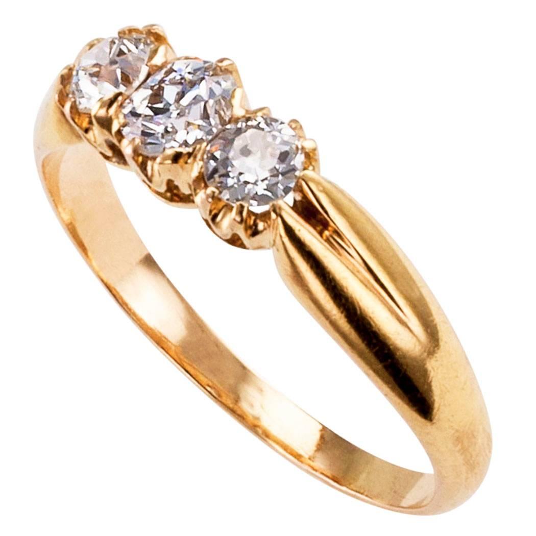 Old Mine Cut Victorian 1900s Three-Stone Diamond Gold Ring